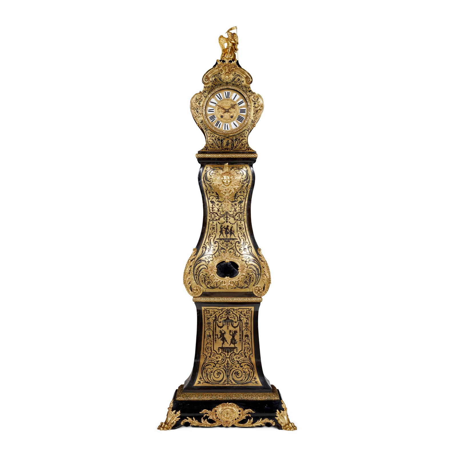 Y LOUIS XIV STYLE EBONISED, TORTOISESHELL, AND BRASS BOULLE MARQUETRY LONGCASE CLOCK 19TH CENTURY: Y LOUIS XIV STYLE EBONISED, TORTOISESHELL, AND BRASS BOULLE MARQUETRY LONGCASE CLOCK 19TH CENTURY the waisted bombé case with brass and tortoiseshell marquetry after Jean Berain, the dial with wh