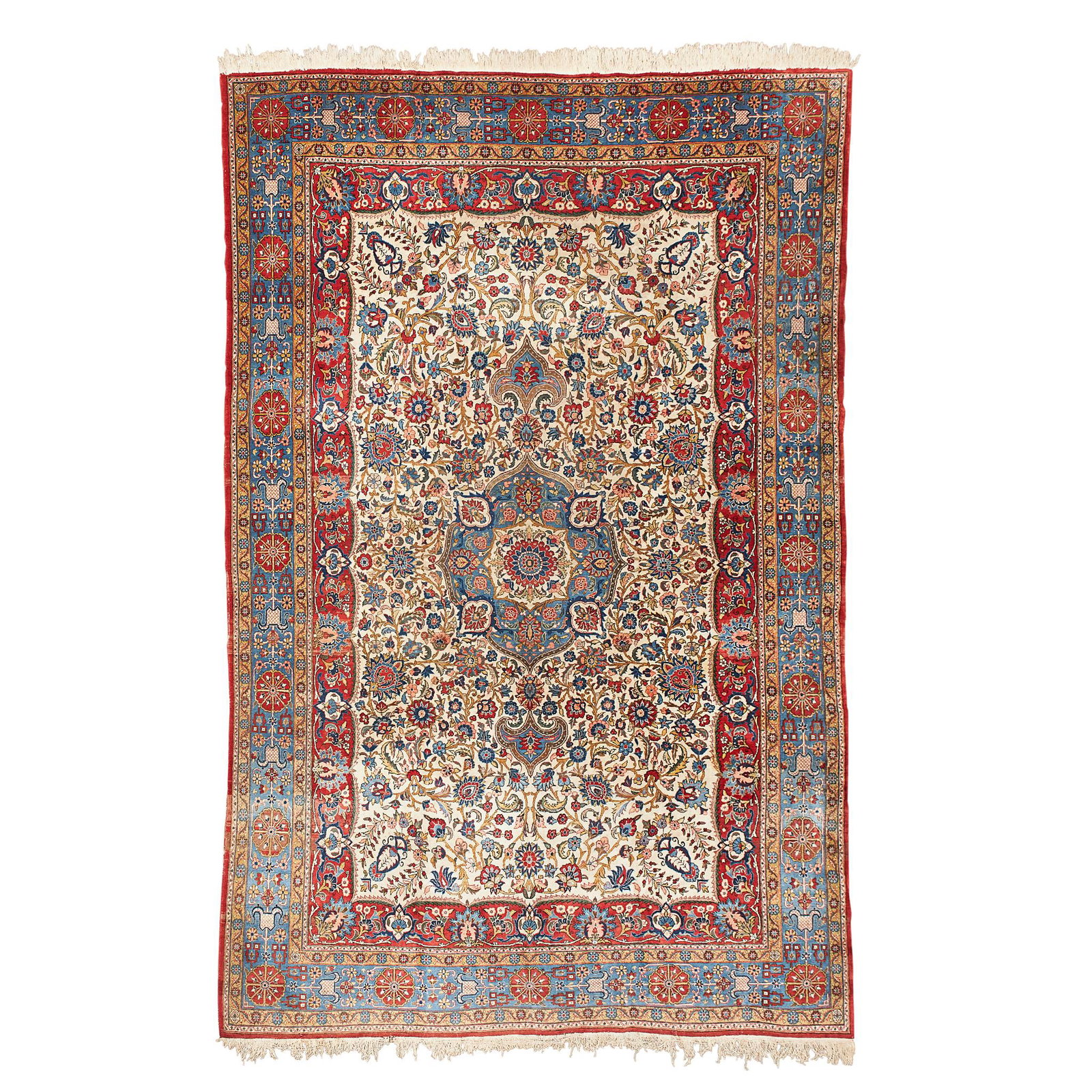 QUM CARPET CENTRAL PERSIA, MID 20TH CENTURY: QUM CARPET CENTRAL PERSIA, MID 20TH CENTURY the ivory field with light blue medallion, within red inner and light blue outer borders (344cm x 228cm)