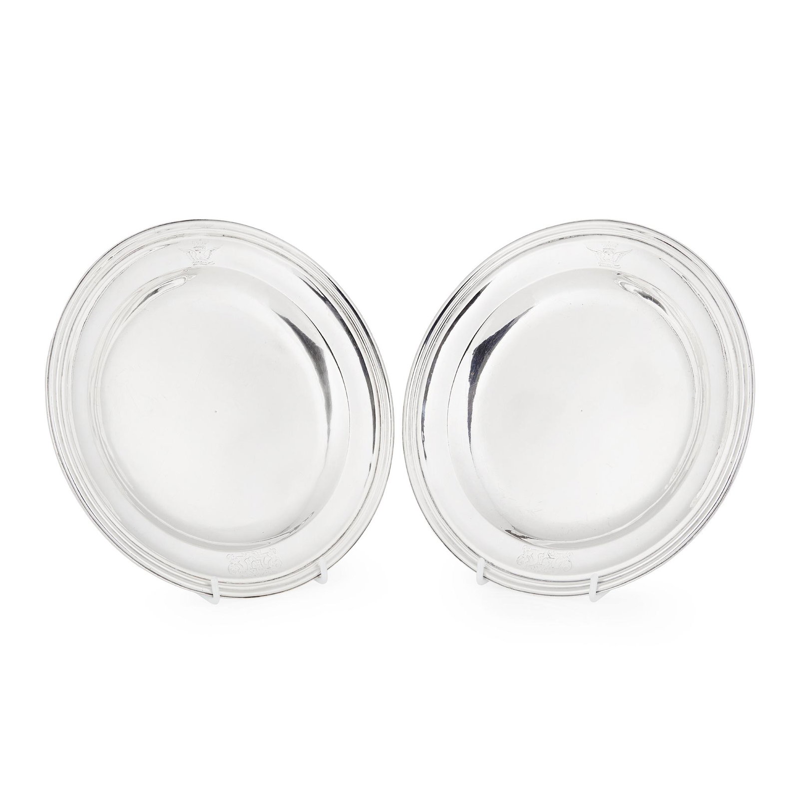 The Mildmay Service – A pair of George I Britannia standard dinner plates: The Mildmay Service – A pair of George I Britannia standard dinner plates Paul de Lamerie, London 1725, each of circular outline with a moulded border, engraved with armorial and crest to border