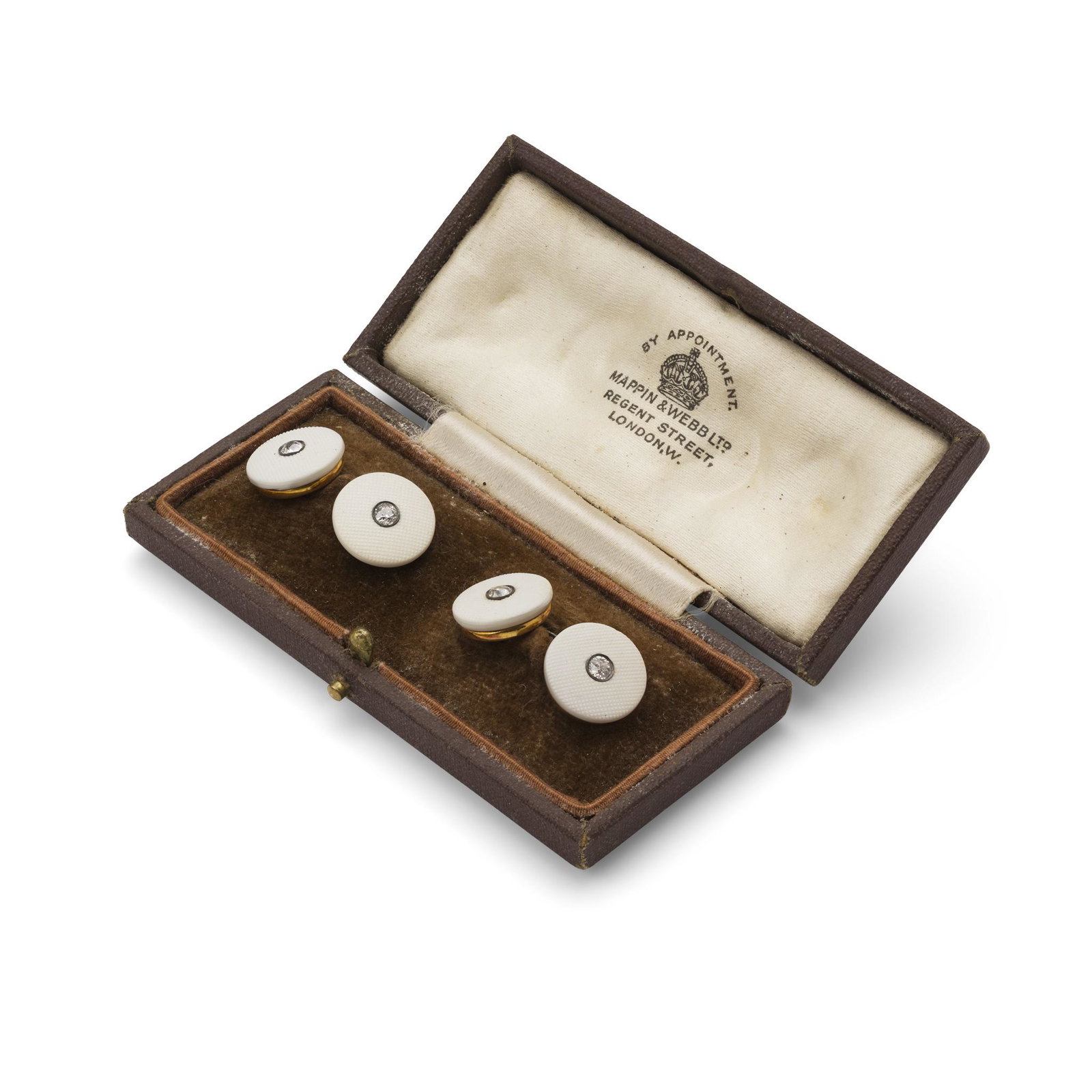 Y A pair of carved shell and diamond cufflinks: Y A pair of carved shell and diamond cufflinks each circular terminal composed of a carved coral plaque set with an old round-cut diamond, belcher links, unmarked (Diameter of terminal: 1.5cm) Note: P