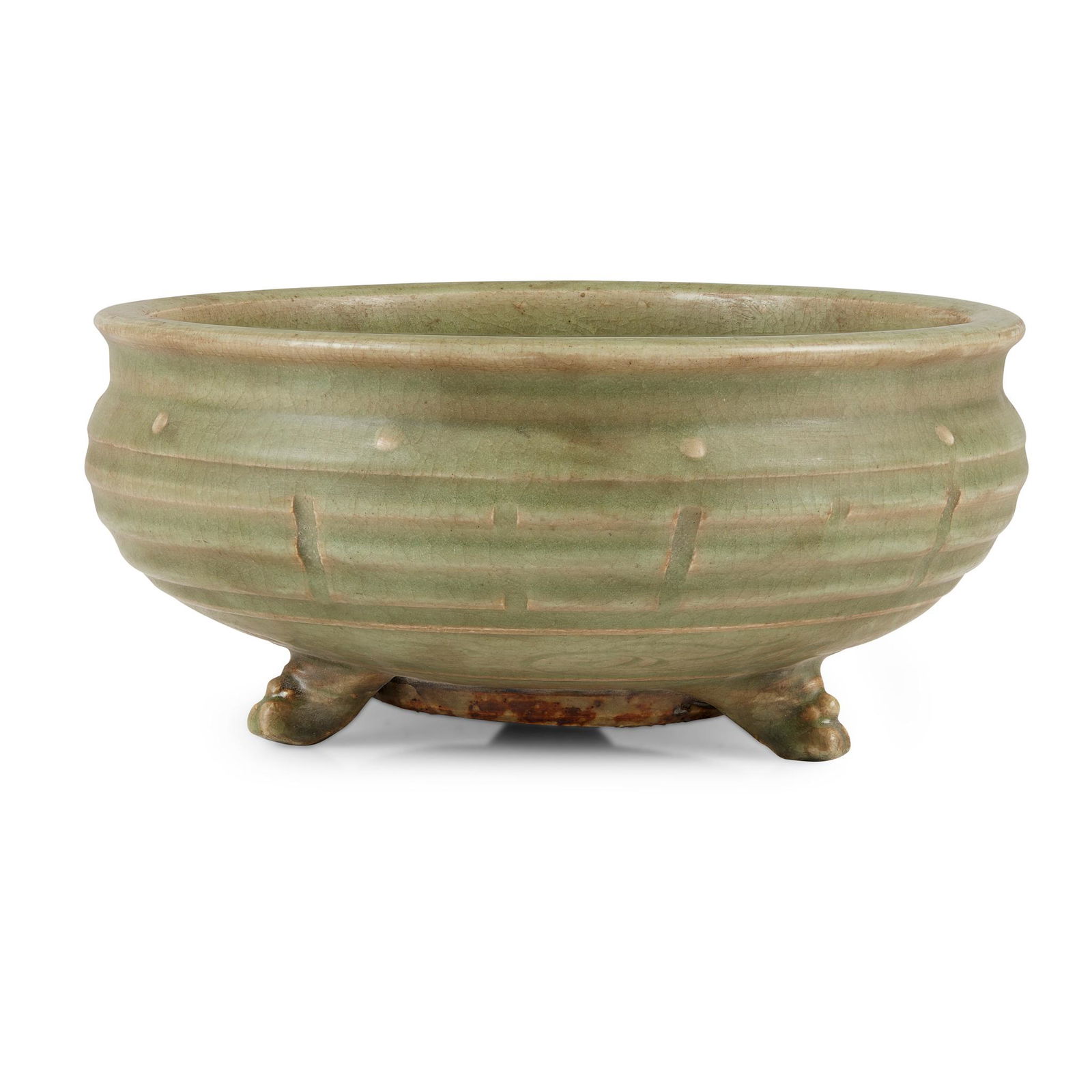 LONGQUAN CELADON 'BAGUA' TRIPOD CENSER: LONGQUAN CELADON 'BAGUA' TRIPOD CENSER 龍泉窯青釉八卦紋三足爐 heavily potted on three feet rising to deep globular body, waisted neck