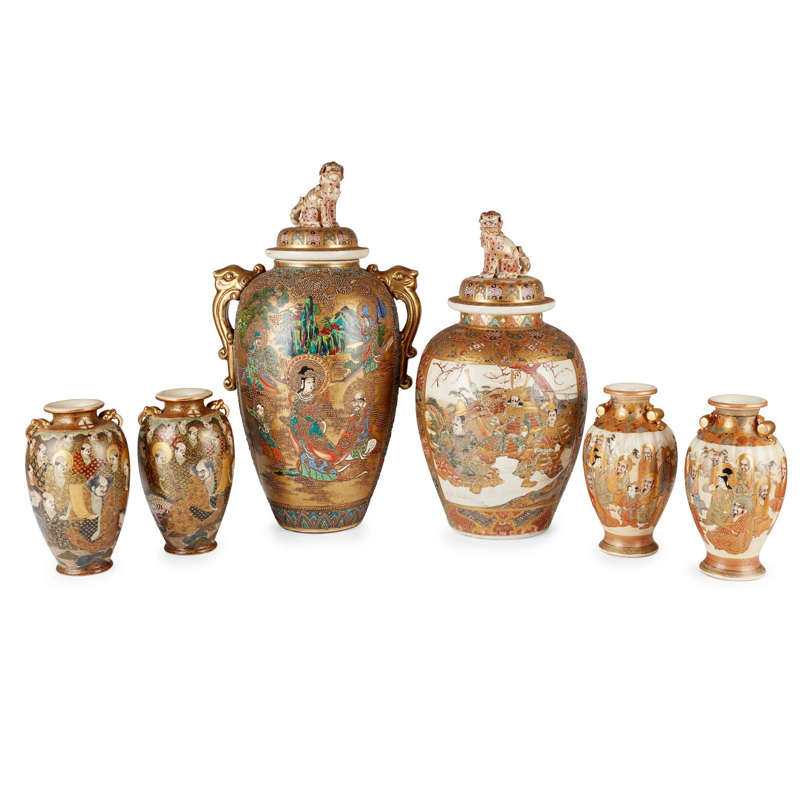 GROUP OF SIX SATSUMA VASES MEIJI / TAISHO PERIOD: GROUP OF SIX SATSUMA VASES MEIJI / TAISHO PERIOD 明治或大正 保土田、恒信款 薩摩燒人物紋ī