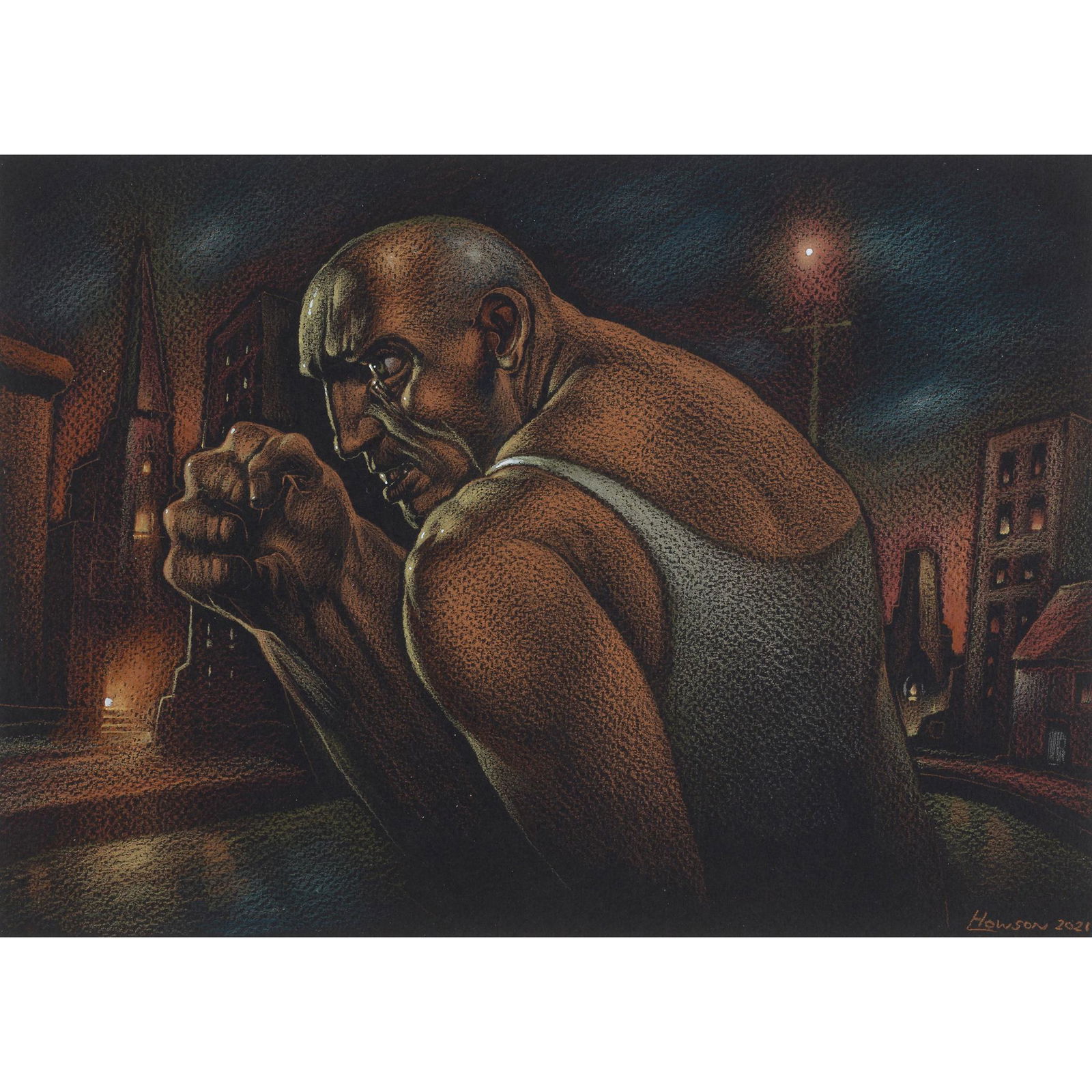 § PETER HOWSON O.B.E. (SCOTTISH 1958-) VALIANT STRUGGLE, 2021: § PETER HOWSON O.B.E. (SCOTTISH 1958-) VALIANT STRUGGLE, 2021 Signed and dated lower left, mixed media on black paper (20cm x 28.5cm (8in x 11.25in))