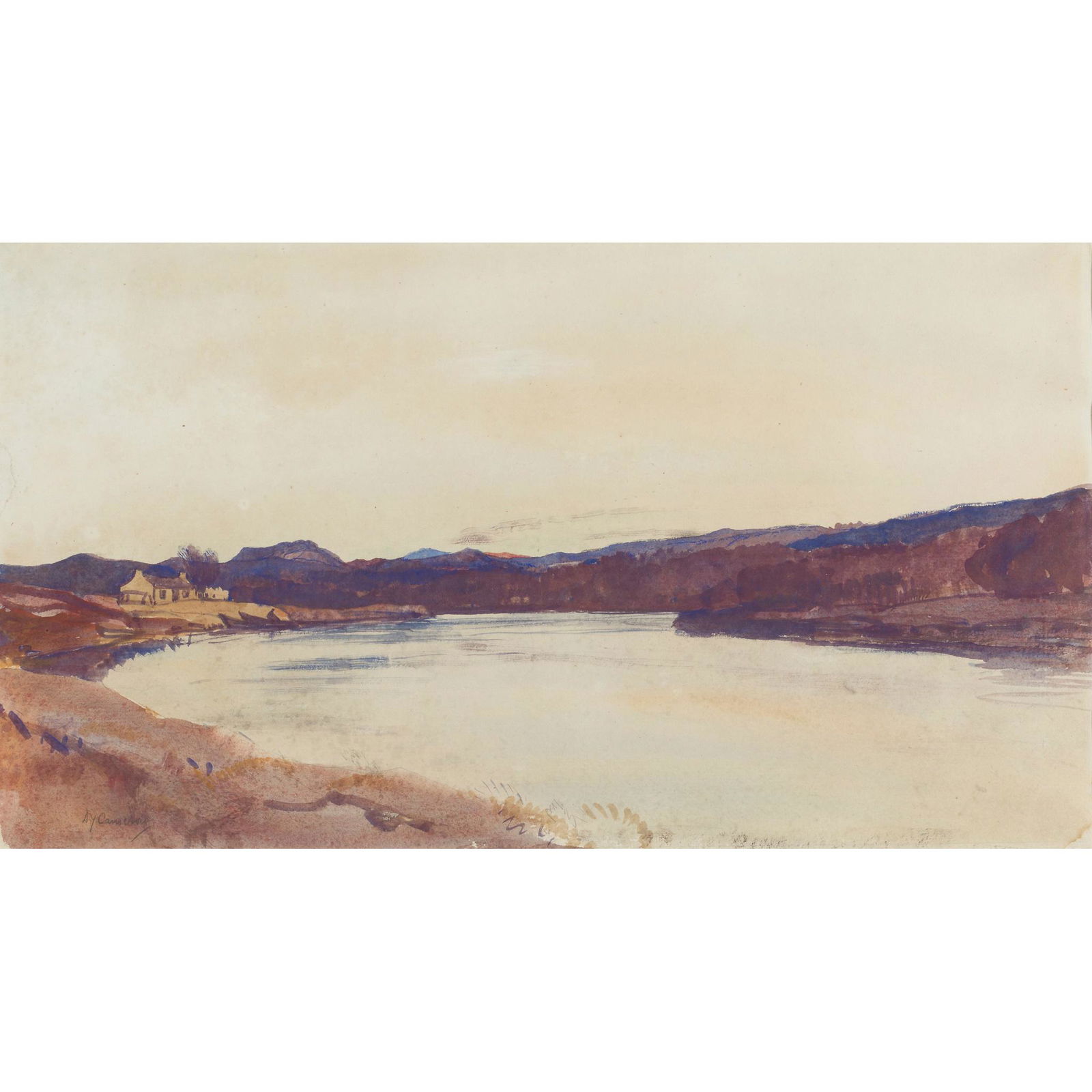 SIR DAVID YOUNG CAMERON R.A., R.S.A., R.W.S., R.S.W., R.E. (SCOTTISH 1865-1945) THE TAY BELOW PERTH: SIR DAVID YOUNG CAMERON R.A., R.S.A., R.W.S., R.S.W., R.E. (SCOTTISH 1865-1945) THE TAY BELOW PERTH Signed lower left, watercolour (25cm x 45cm (9.75in x 17.25in)) Provenance: Aitken Dott & Son, Edinb