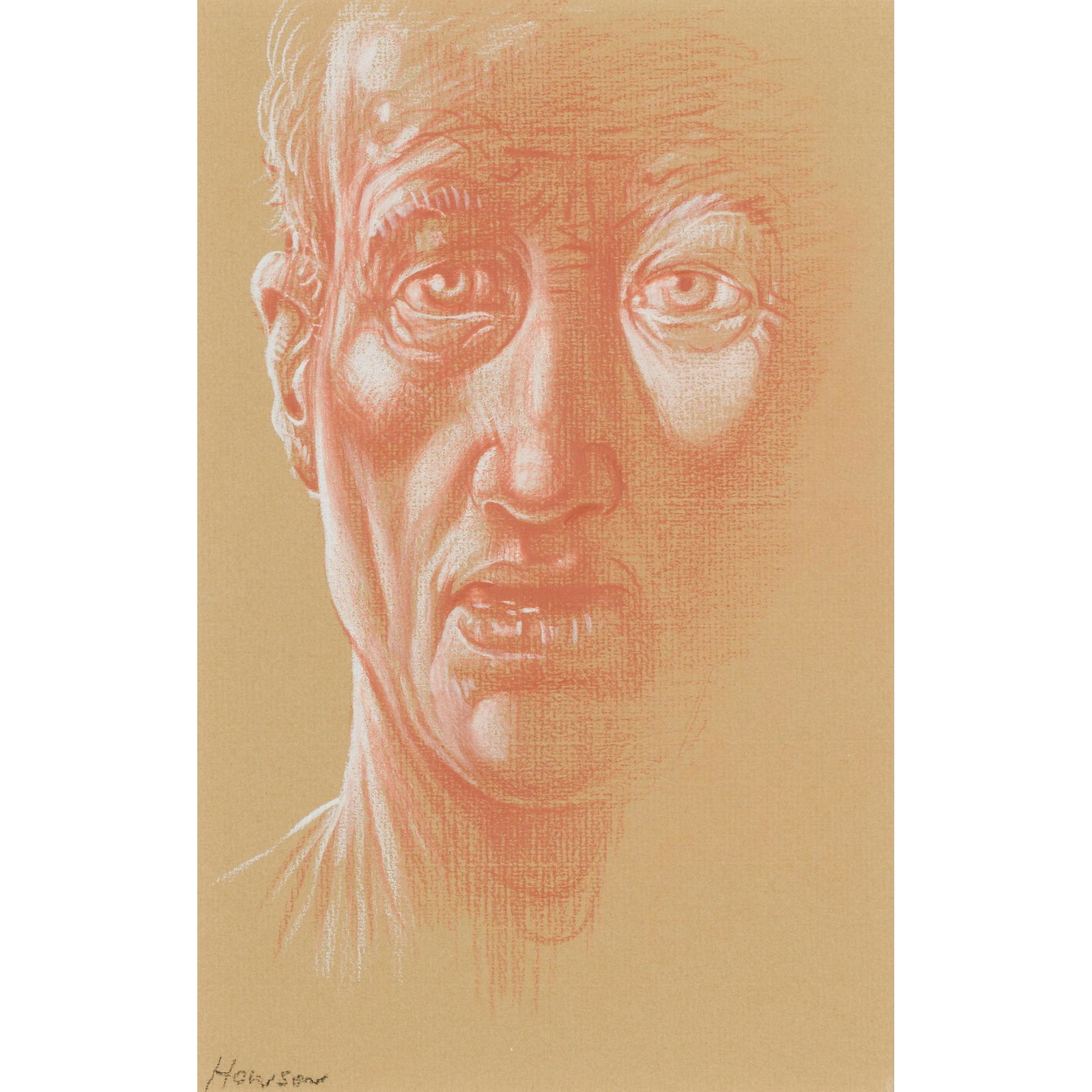 § PETER HOWSON O.B.E. (SCOTTISH 1958-) SELF-PORTRAIT: § PETER HOWSON O.B.E. (SCOTTISH 1958-) SELF-PORTRAIT Signed lower left, pencil on buff paper (21.5cm x 13.5cm (8.5in x 5.25in)) Provenance: Acquired directly from the artist's studio