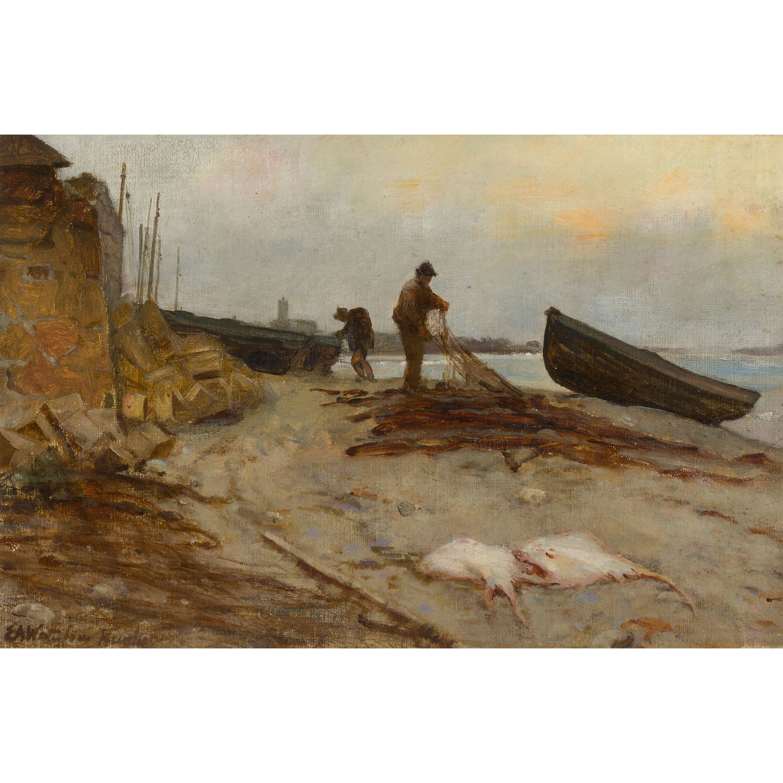 SIR ERNEST ALBERT WATERLOW R.A. (BRITISH 1850-1919) PREPARING THE NETS: SIR ERNEST ALBERT WATERLOW R.A. (BRITISH 1850-1919) PREPARING THE NETS Signed lower left, oil on canvas laid down on board (19cm x 28.75cm (7.5in x 11.25in))