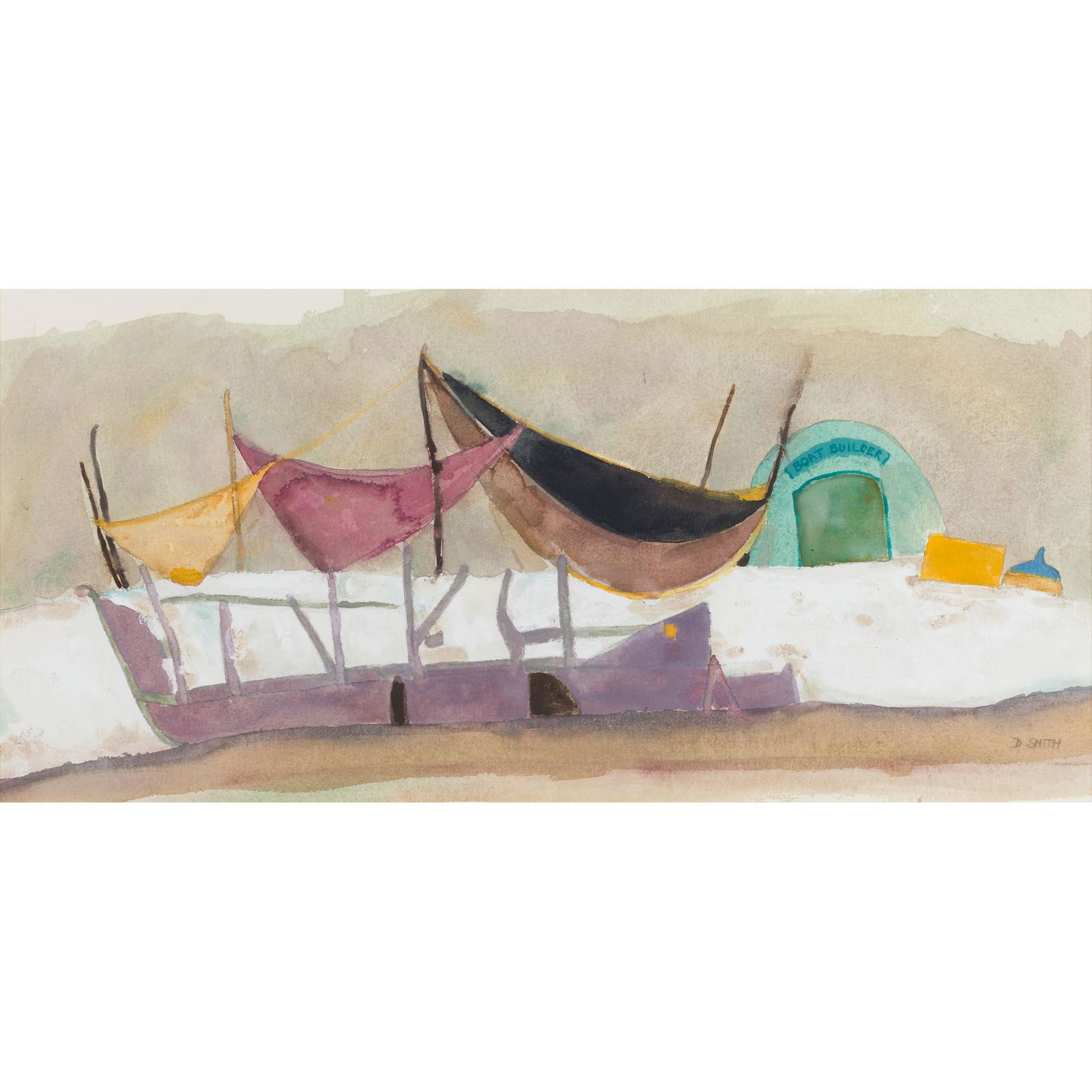 § DAVID SMITH R.S.W. (SCOTTISH 1957-) FISHERMEN’S NETS IN THE WIND: § DAVID SMITH R.S.W. (SCOTTISH 1957-) FISHERMEN’S NETS IN THE WIND Signed lower right, acrylic, watercolour and pencil on paper (31cm x 65.5cm (12in x 25.75in))