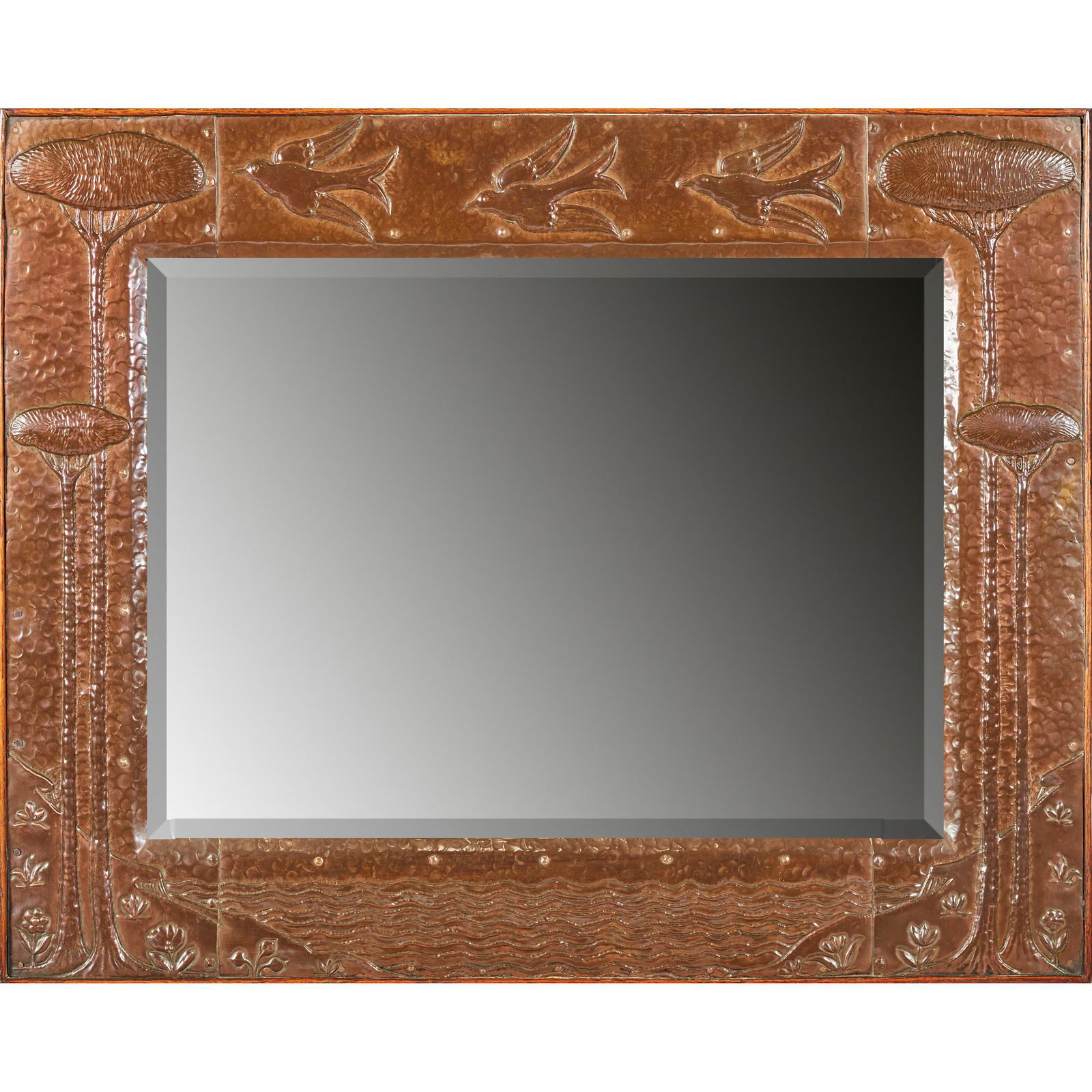 JOHN PEARSON (1859-1930) ARTS & CRAFTS WALL MIRROR, CIRCA 1898: JOHN PEARSON (1859-1930) ARTS & CRAFTS WALL MIRROR, CIRCA 1898 copper, oak, bevelled mirror plate (57.5cm x 72.7cm)