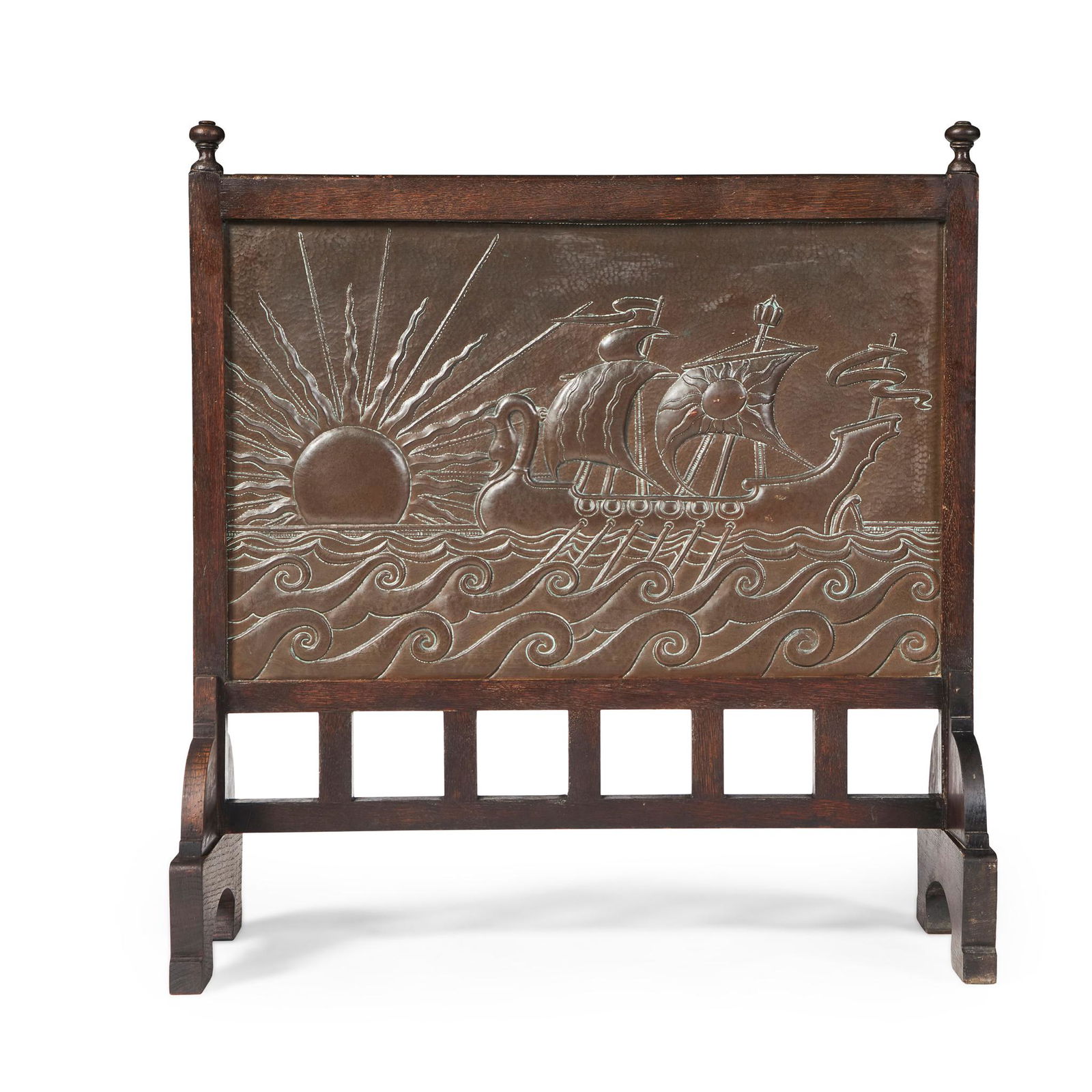 JOHN PEARSON (1859-1930) ARTS & CRAFTS FIRESCREEN, DATED 1895: JOHN PEARSON (1859-1930) ARTS & CRAFTS FIRESCREEN, DATED 1895 repoussé-decorated copper with stained oak frame, signed verso EX JP 1895 (Copper panel 45cm x 69.5cm; the whole 77cm wide, 82cm high