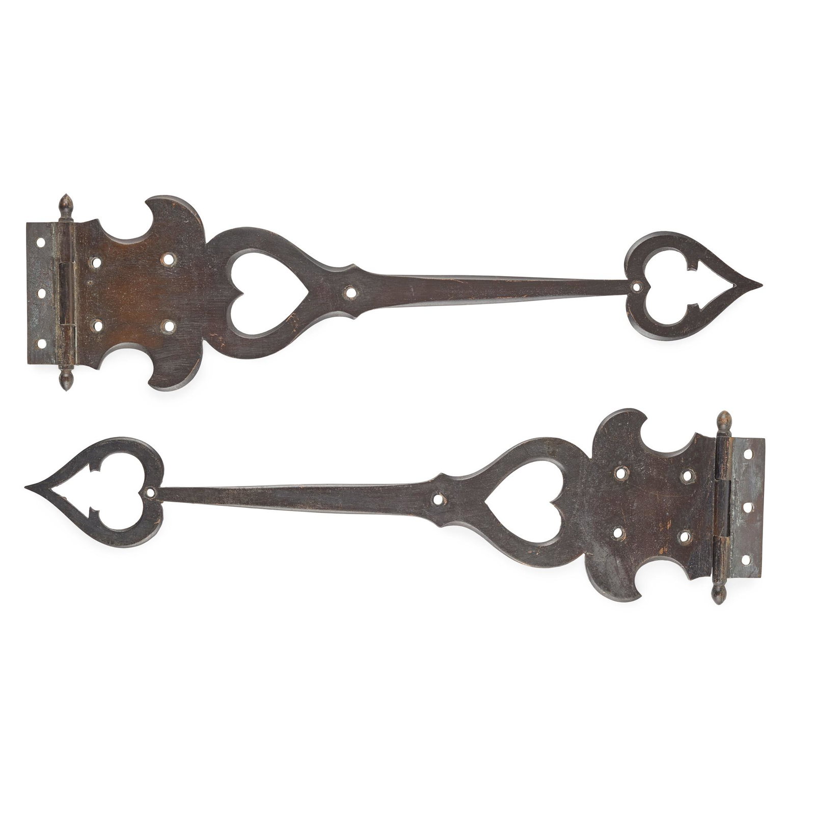 C.F.A. VOYSEY (1857-1941) FOR THOMAS ELSLEY & CO. PAIR OF ARTS & CRAFTS HINGES, CIRCA 1900: C.F.A. VOYSEY (1857-1941) FOR THOMAS ELSLEY & CO. PAIR OF ARTS & CRAFTS HINGES, CIRCA 1900 patinated bronze, each stamped to reverse ELSLEY'S (41cm long including hinge terminal) Qty: (2) Literature: 