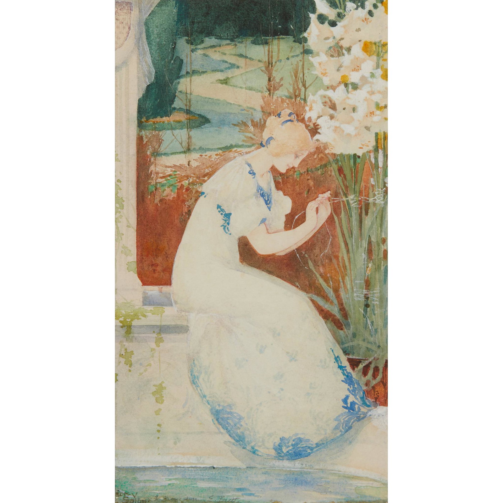 § LÉON-VICTOR SOLON (1872-1957) SEATED LADY TENDING FLOWERS: § LÉON-VICTOR SOLON (1872-1957) SEATED LADY TENDING FLOWERS watercolour on paper, signed and inscribed lower left (24.5cm x 13.5cm)