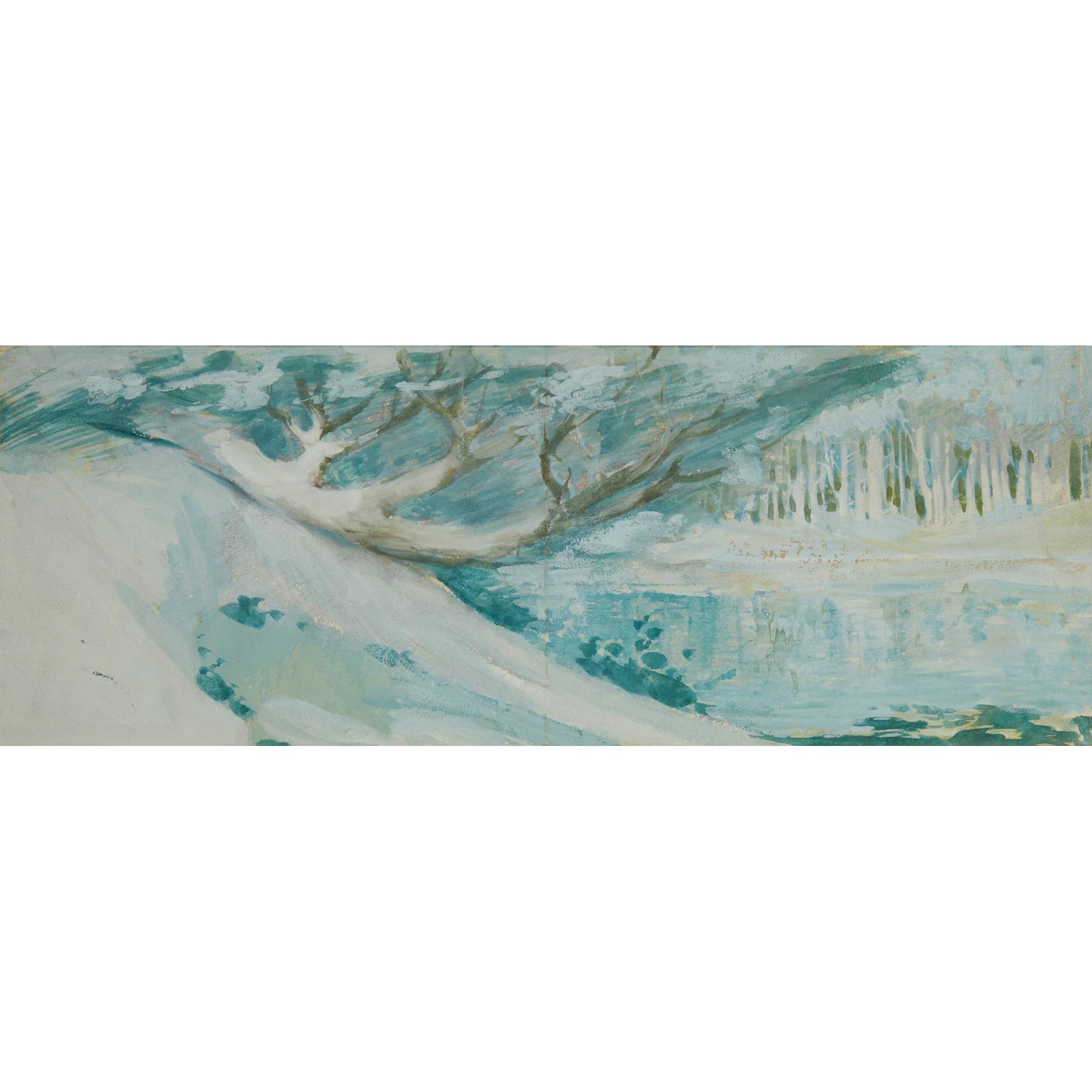 § LÉON-VICTOR SOLON (1872-1957) RIVERSCAPE: § LÉON-VICTOR SOLON (1872-1957) RIVERSCAPE watercolour on paper, unsigned (13cm x 37cm)