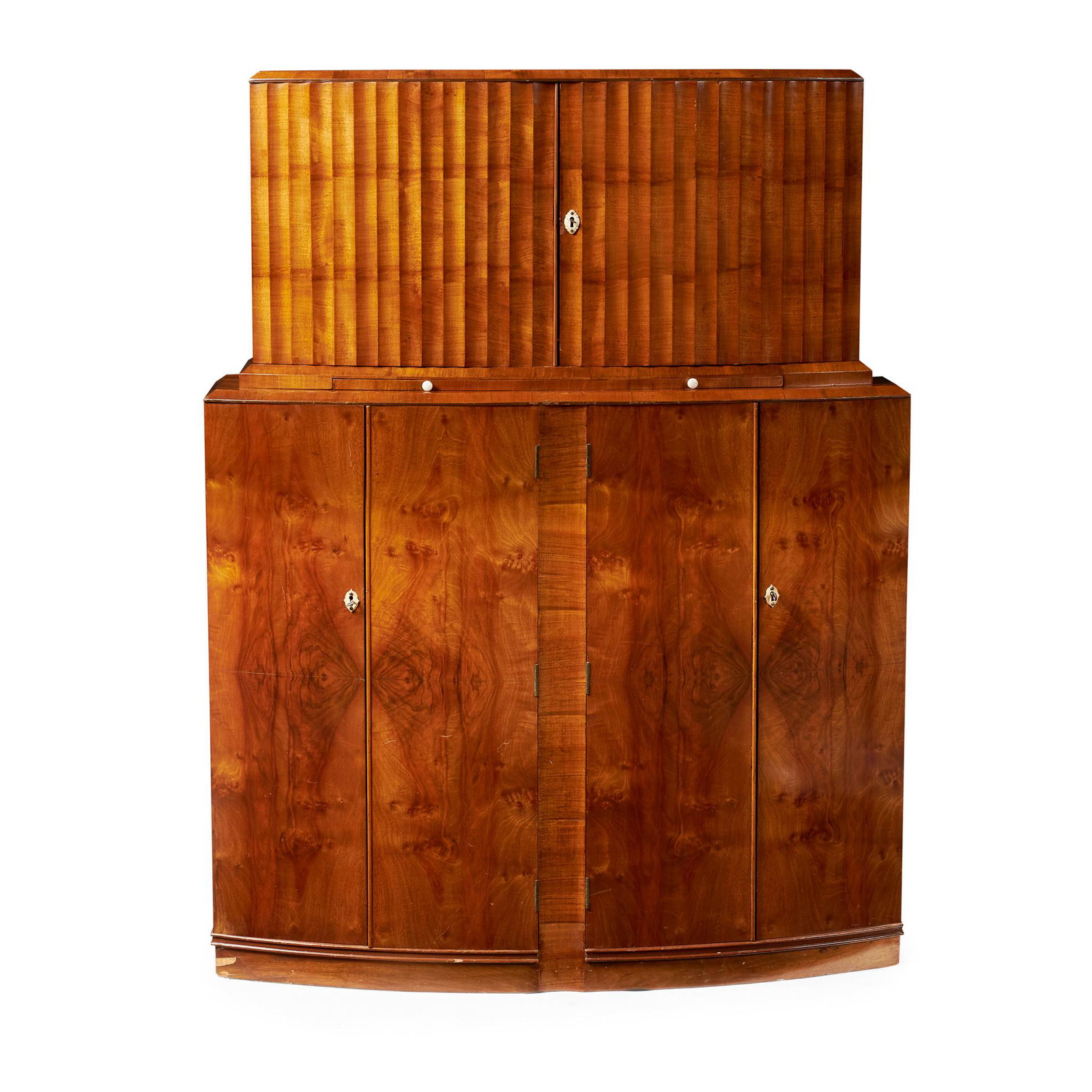 RIVINGTON, LONDON 'THE MIRAMAR' ART DECO COCKTAIL CABINET, CIRCA 1930: RIVINGTON, LONDON 'THE MIRAMAR' ART DECO COCKTAIL CABINET, CIRCA 1930 walnut, ivorine handles, with fitted interior (113cm wide, 147cm high, 34cm deep)