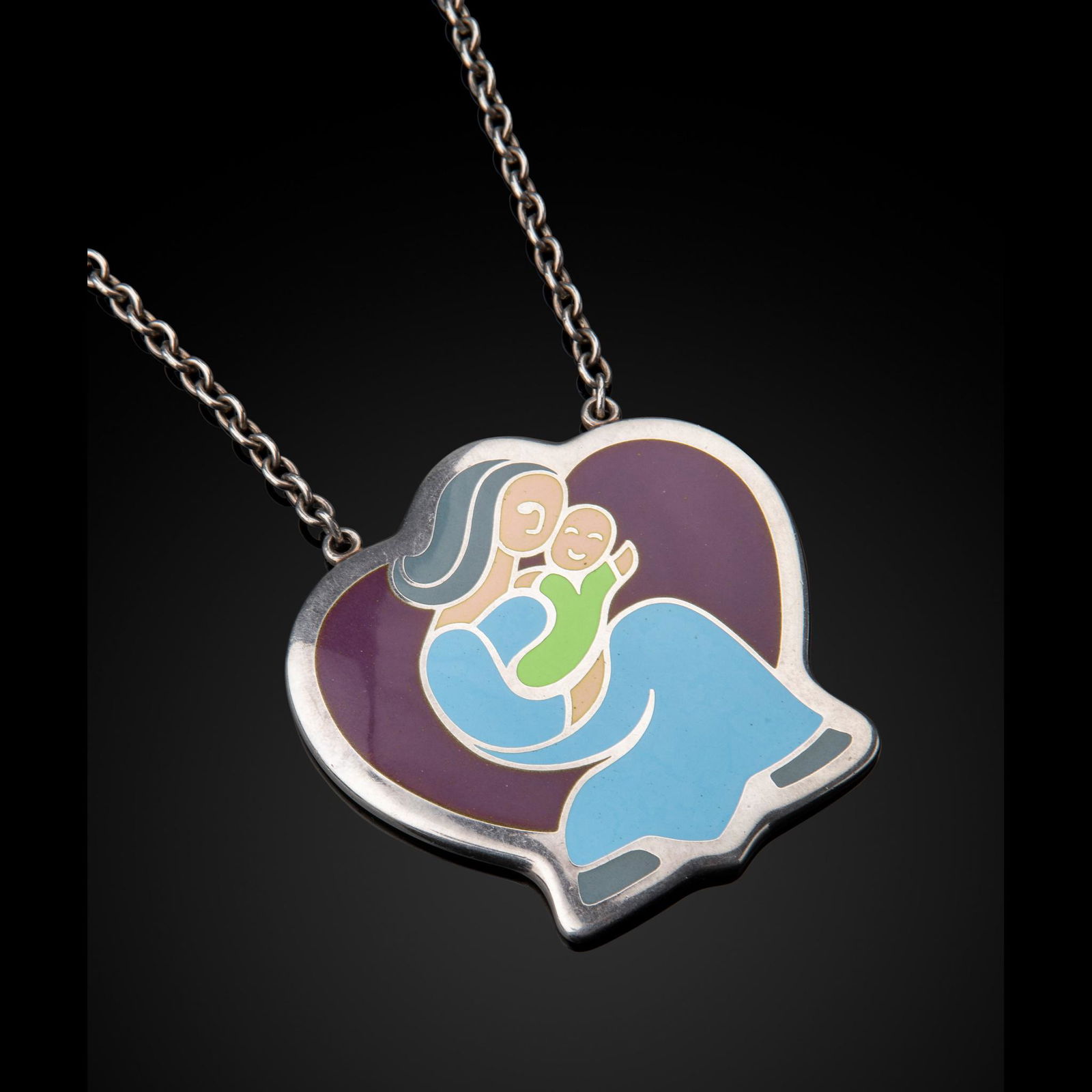 HENRY HEERUP (1907-1993) FOR GEORG JENSEN 'MOTHER & CHILD' PENDANT NECKLACE: HENRY HEERUP (1907-1993) FOR GEORG JENSEN 'MOTHER & CHILD' PENDANT NECKLACE model 150, silver and enamel, stamped HEERUP/ GEORG JENSEN/ STERLING/ DENMARK/ 150, 5.8cm x 6cm; together with a GEORG JENSE