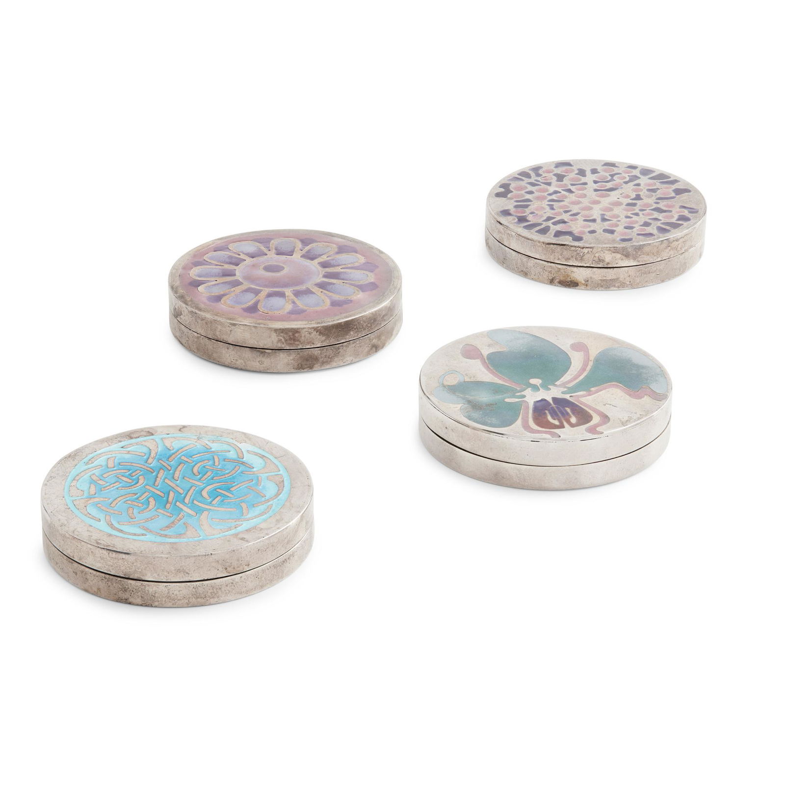 § NORMAN GRANT (1943-2017) FOUR PILL BOXES & COVERS, 1970's: § NORMAN GRANT (1943-2017) FOUR PILL BOXES & COVERS, 1970's silver, enamel, comprising 'CELTIC KNOT' SERIES, hallmarked Edinburgh 1976; 'SWEET PEA CROSS SECTION', hallmarked Edinburgh 1972; 'MOSA