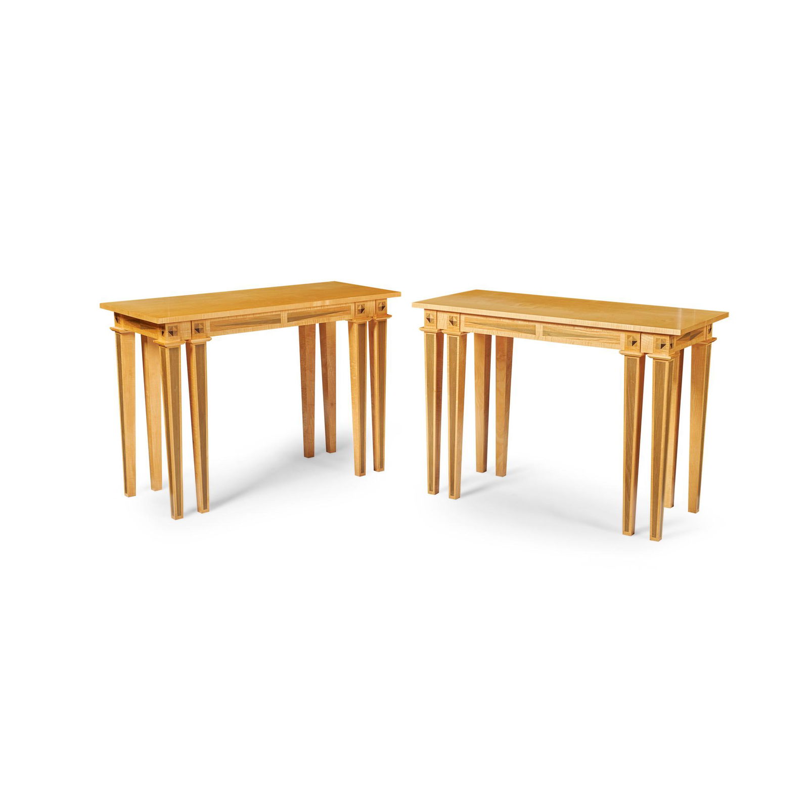 DAVID LINLEY, LONDON PAIR OF CONSOLE TABLES, CONTEMPORARY: DAVID LINLEY, LONDON PAIR OF CONSOLE TABLES, CONTEMPORARY inlaid sycamore, each stamped LINLEY (115cm wide, 80cm high, 50cm deep) Qty: (2)