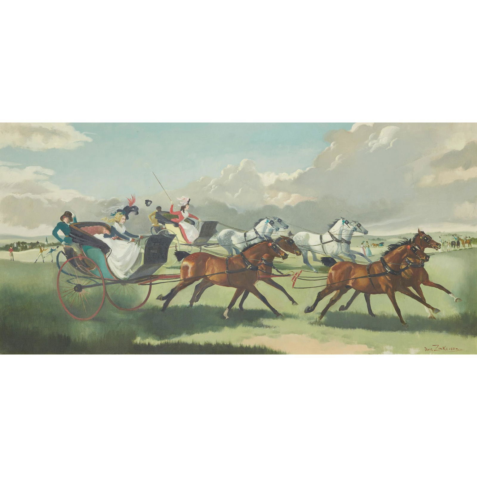 § Doris Clare Zinkeisen (British 1898-1990) The Driving Match Between Lady Lade and Mrs Hodges: § Doris Clare Zinkeisen (British 1898-1990) The Driving Match Between Lady Lade and Mrs Hodges signed (lower right), oil on canvas (50cm x 100.5cm (19 3/4in x 39 1/2in))