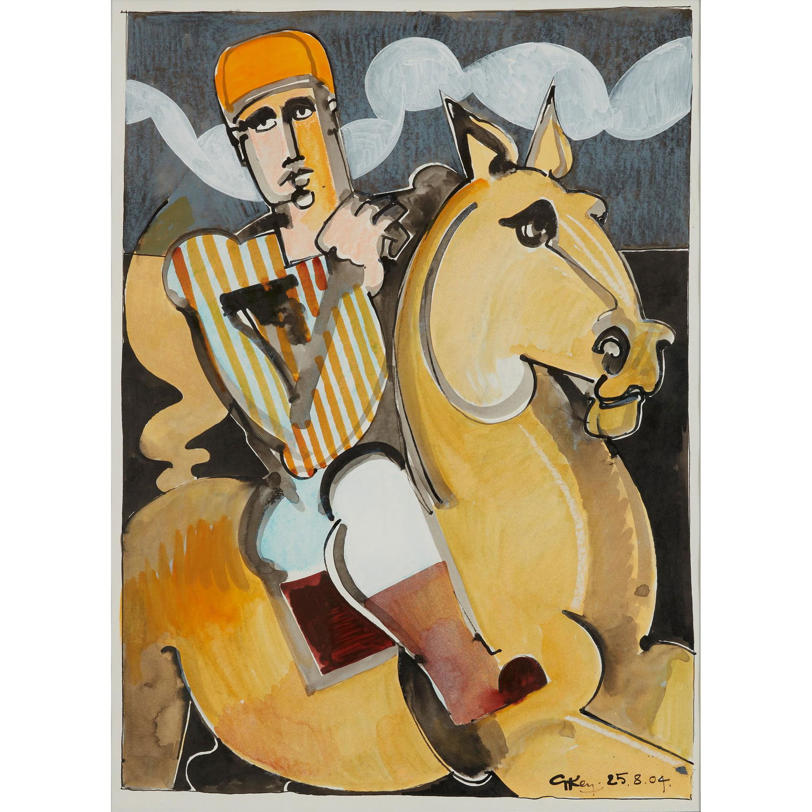 § Geoffrey Key (British 1941-) Rider with Striped Silks, 2004: § Geoffrey Key (British 1941-) Rider with Striped Silks, 2004 signed and dated '25.08.04' (lower right), mixed media on paper (54cm x 39.5cm (21 1/4in x 15 1/2in))