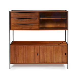 Sir Terence Conran (British 1931-2020) Cabinet, designed circa 1953: Sir Terence Conran (British 1931-2020) Cabinet, designed circa 1953 walnut, black enamelled steel and glass sliding doors (121.5cm high, 123cm wide, 38cm deep (47 7/8in high, 48 3/8in wide, 15in