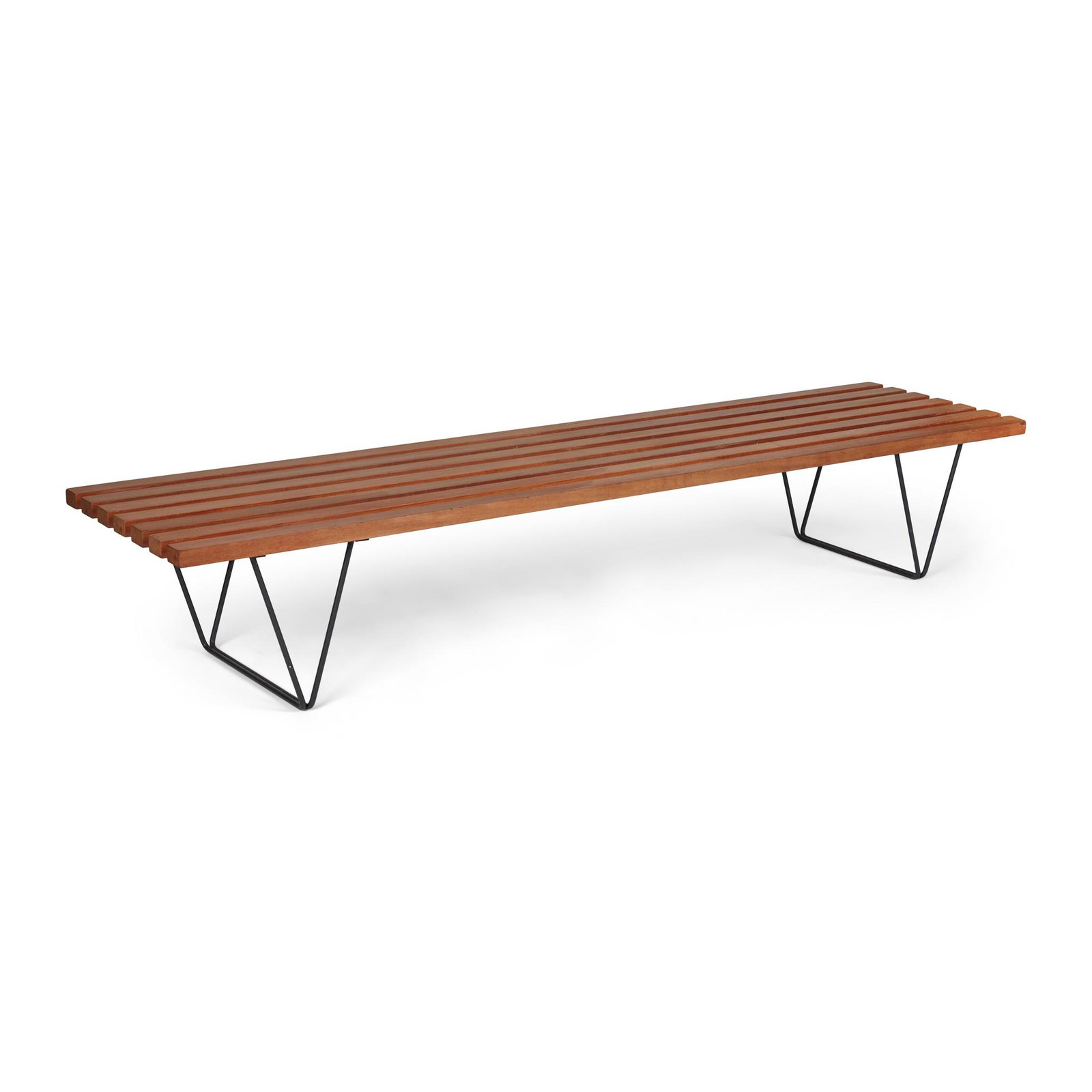 Robin Day (British 1915-2010) for Hille Bench, designed 1954: Robin Day (British 1915-2010) for Hille Bench, designed 1954 mahogany and wrought steel (31.5cm high, 183cm long, 46cm deep (12 3/8in high, 72in long, 18 1/8in deep))