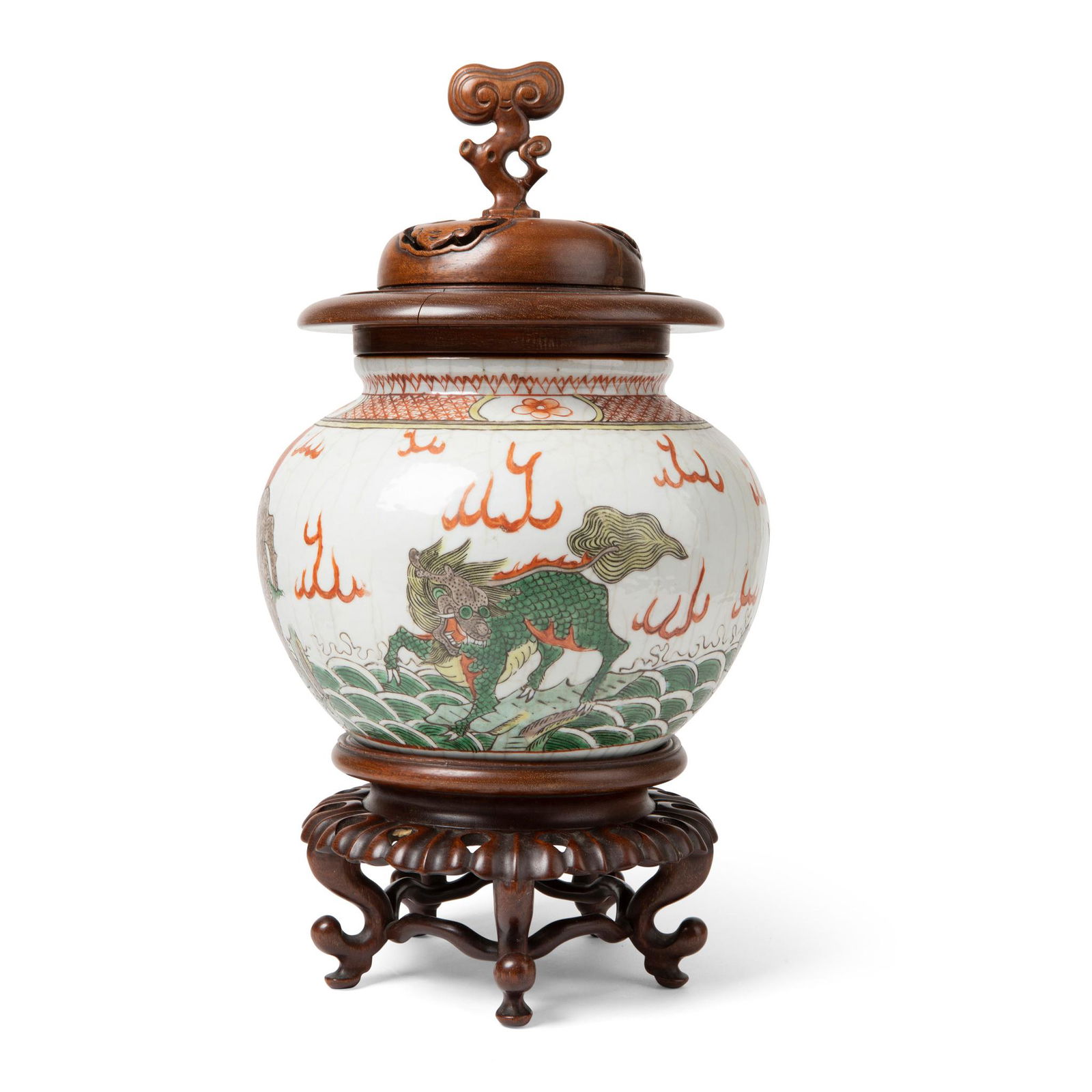 GE-TYPE CRACKLE-GLAZED GROUND FAMILLE VERTE 'SEA MONSTERS' JAR QING DYNASTY, 19TH CENTURY (1 of 3)
