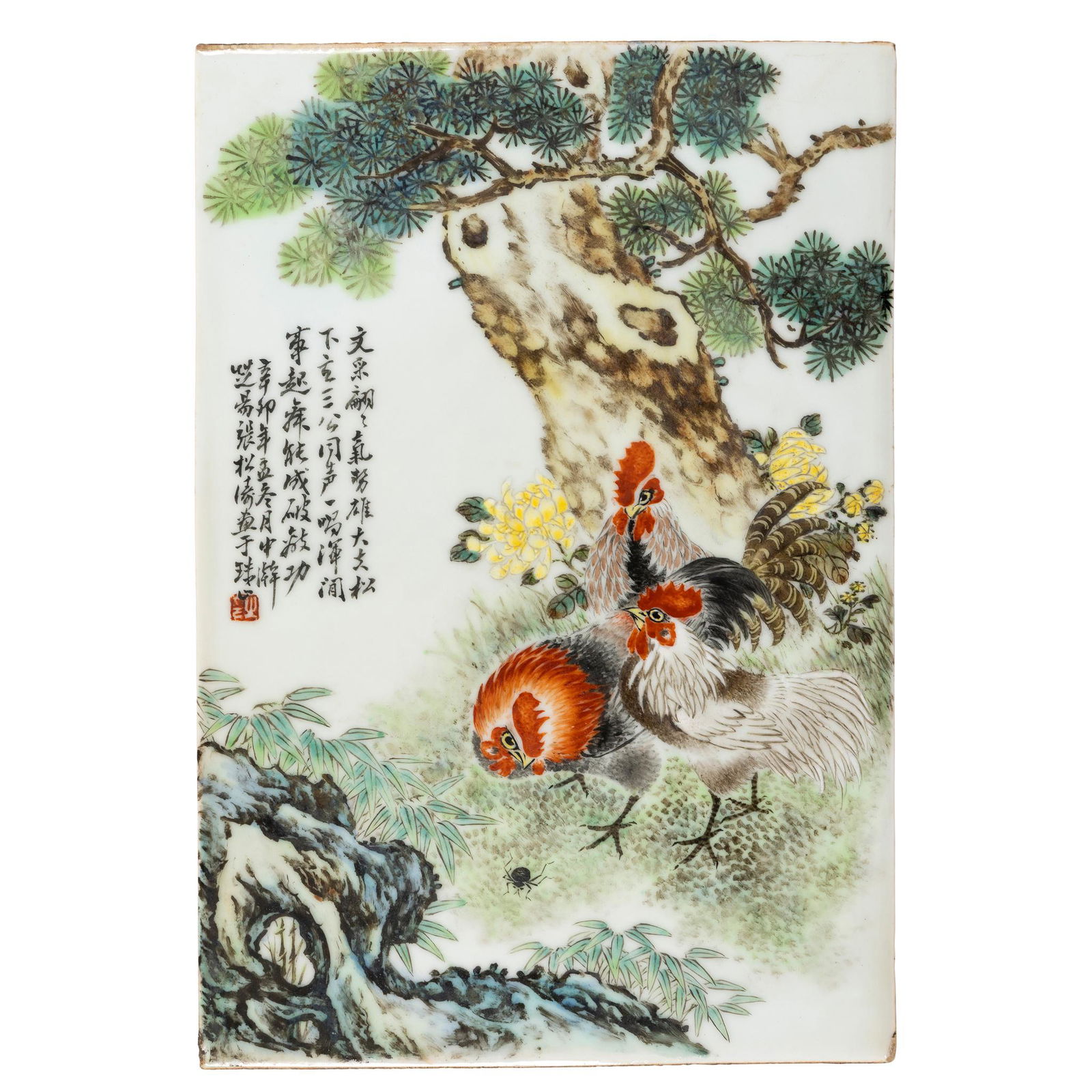 FAMILLE ROSE 'ROOSTER' PORCELAIN PLAQUE 20TH CENTURY (1 of 1)