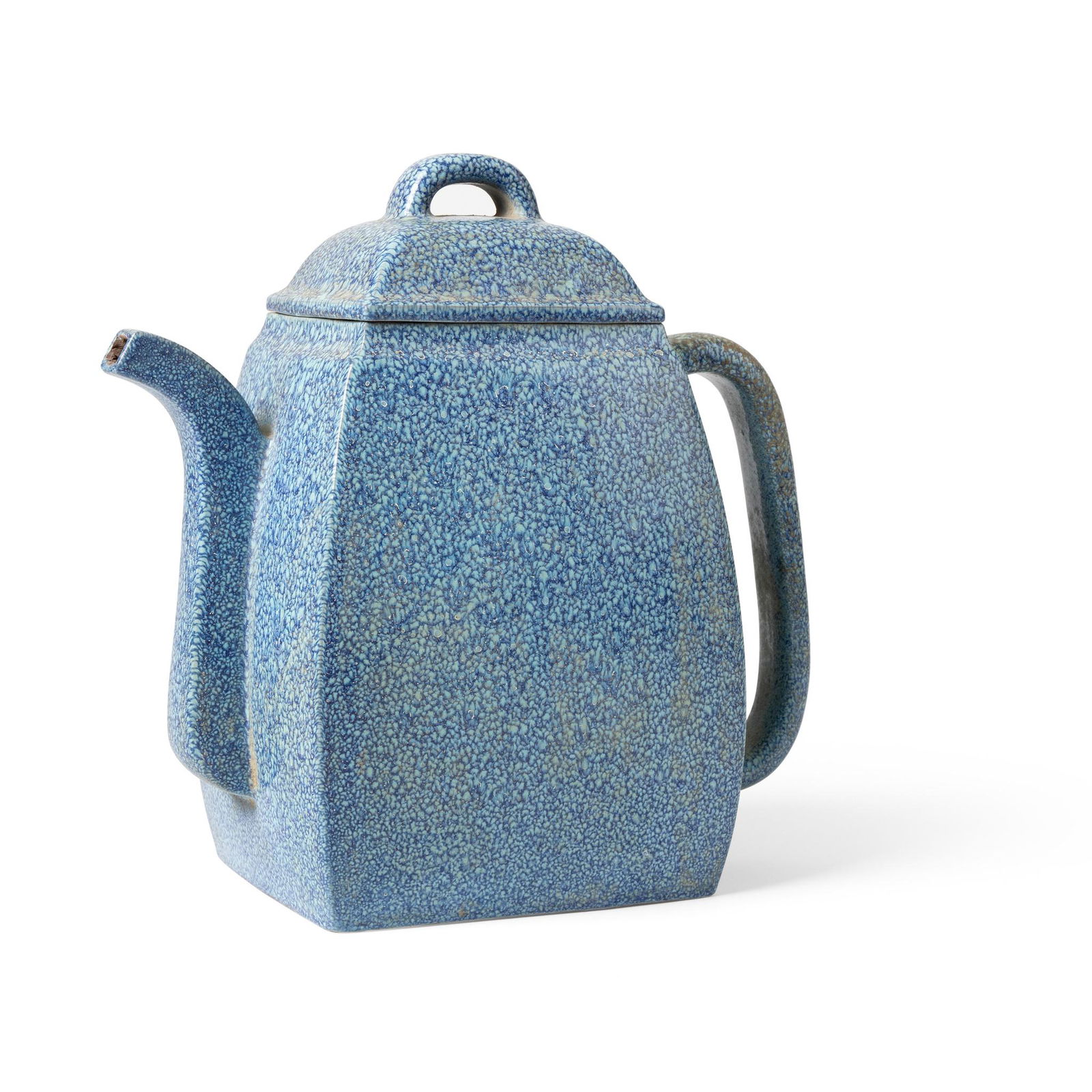 YIXING LU-JUN-GLAZED TEAPOT LATE QING DYNASTY-REPUBLIC PERIOD, 19TH-20TH CENTURY: YIXING LU-JUN-GLAZED TEAPOT LATE QING DYNASTY-REPUBLIC PERIOD, 19TH-20TH CENTURY ???? ???????? ???????????? with a tall square body, both the body and the domed cover covered in a thick layer of Jun-g