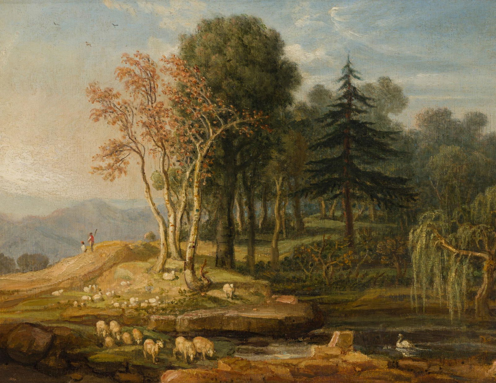 JAMES WARD R.A. (BRITISH 1769-1859) THE FORD: Inscribed with initials cut into panel verso, oil on panel(26cm x 33.5cm (10.25in x 13.25in))Provenance: Thos. Agnew & Sons Ltd, no.26338 Oscar and Peter Johnson Limited, LondonNote: Label verso for Y