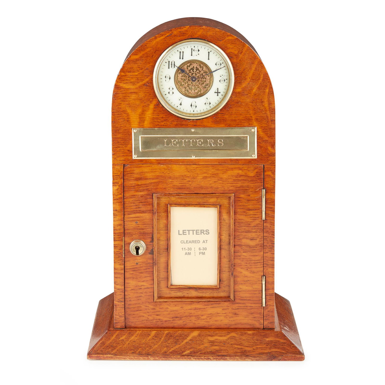 EDWARDIAN OAK AND BRASS LETTER BOX AND CLOCK EARLY 20TH CENTURY (1 of 2)