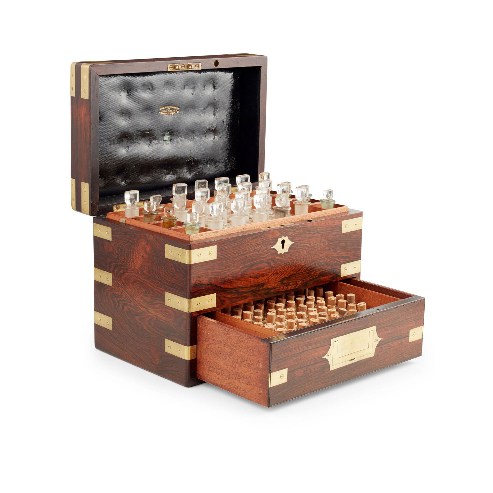 Y VICTORIAN BRASS BOUND ROSEWOOD MEDICINE BOX 19TH CENTURY: of rectangular form with a single base drawer with recessed handle, the hinged blue leather lined lid gilt stamped 'HOMAEOPATHIC PHARMACY/ BY JOHN WALKER/ 61 CONDUIT STREET REGENT STREET/ LONDON', con
