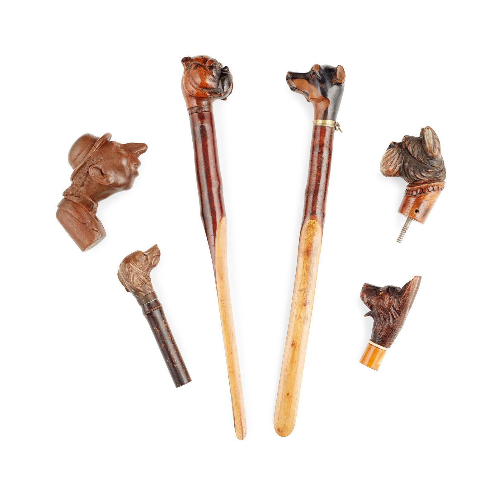 COLLECTION OF CARVED DOG'S HEAD HANDLES 19TH/ EARLY 20TH CENTURY: to include a boxer and Manchester terrier with glass eyes mounted on hickory page turners; a schnauzer with glass eyes; a spaniel with glass eyes; a terrier with a spring hinged jaw and glass eyes; to