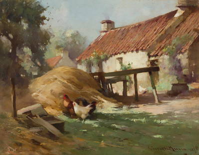 ROBERT RUSSELL MACNEE R.G.I. (Scottish 1880-1952) FARMYARD SCENE WITH POULTRY: Signed and dated '14/'15, oil on canvas(34.5cm x 45cm (13.5in x 17.75in))This lot may be subject to ARR/ Droit de Suite. See Buyer's Guide for info.