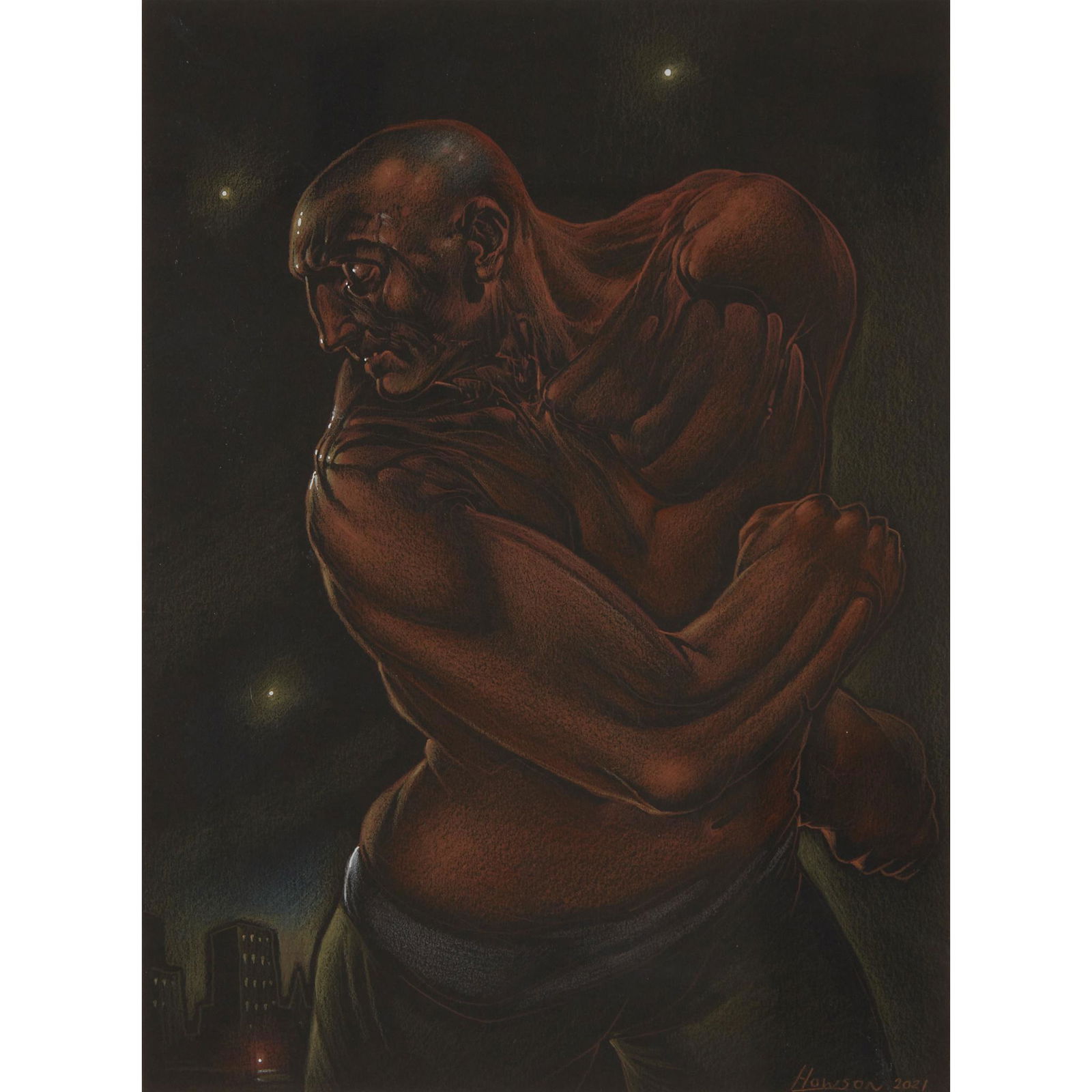 Â§ PETER HOWSON O.B.E. (SCOTTISH 1958-) GALLOWAY STREET FIGHTER - 2021: Â§ PETER HOWSON O.B.E. (SCOTTISH 1958-) GALLOWAY STREET FIGHTER - 2021 Signed and dated lower right, mixed media on black paper (28cm x 21cm (11in x 8.25in)) Provenance: From the artist's studio.