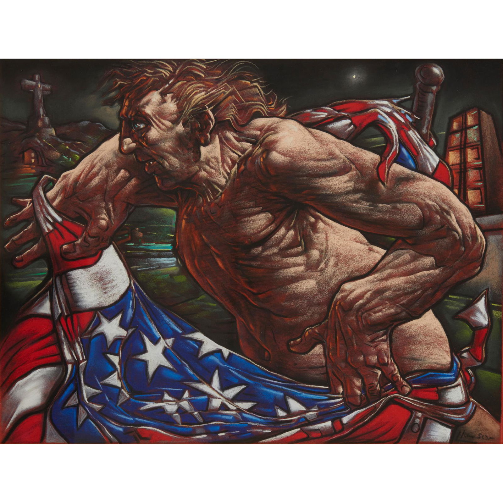 Â§ PETER HOWSON O.B.E. (SCOTTISH 1958-) CYBERIA - PATRIOT - 2017: Â§ PETER HOWSON O.B.E. (SCOTTISH 1958-) CYBERIA - PATRIOT - 2017 Signed lower right, pastel on red paper (47cm x 61cm (18.5in x 24in))
