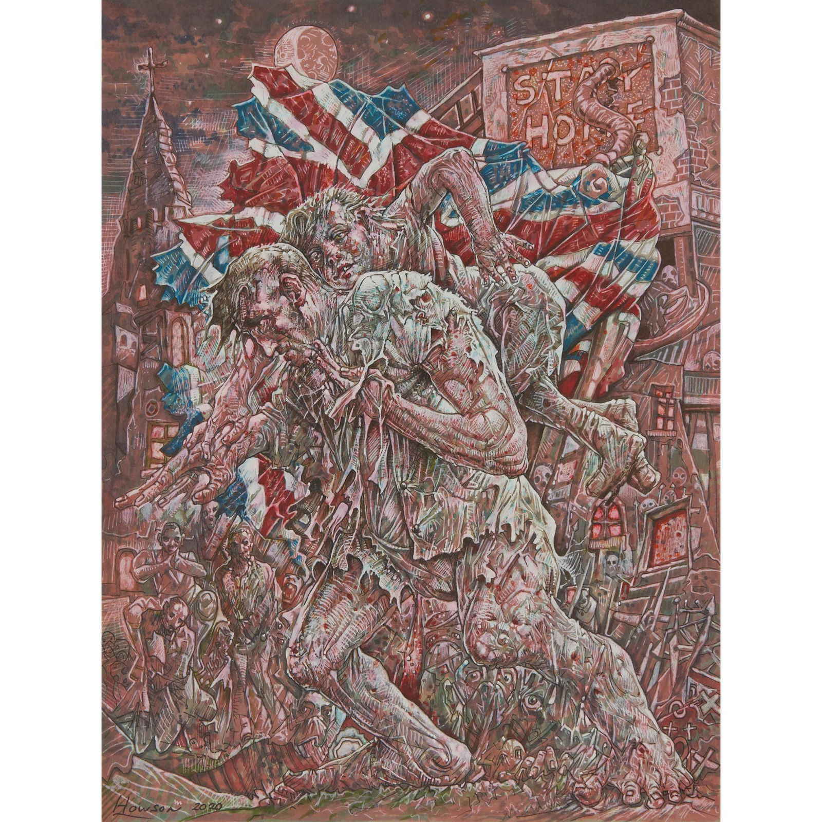 Â§ PETER HOWSON O.B.E. (SCOTTISH 1958-) FRONTLINE - 2020: Â§ PETER HOWSON O.B.E. (SCOTTISH 1958-) FRONTLINE - 2020 Signed and dated lower left, mixed media (30.5cm x 23cm (12in x 9in)) Provenance: The artist's studio. Note: This was created by the artist a