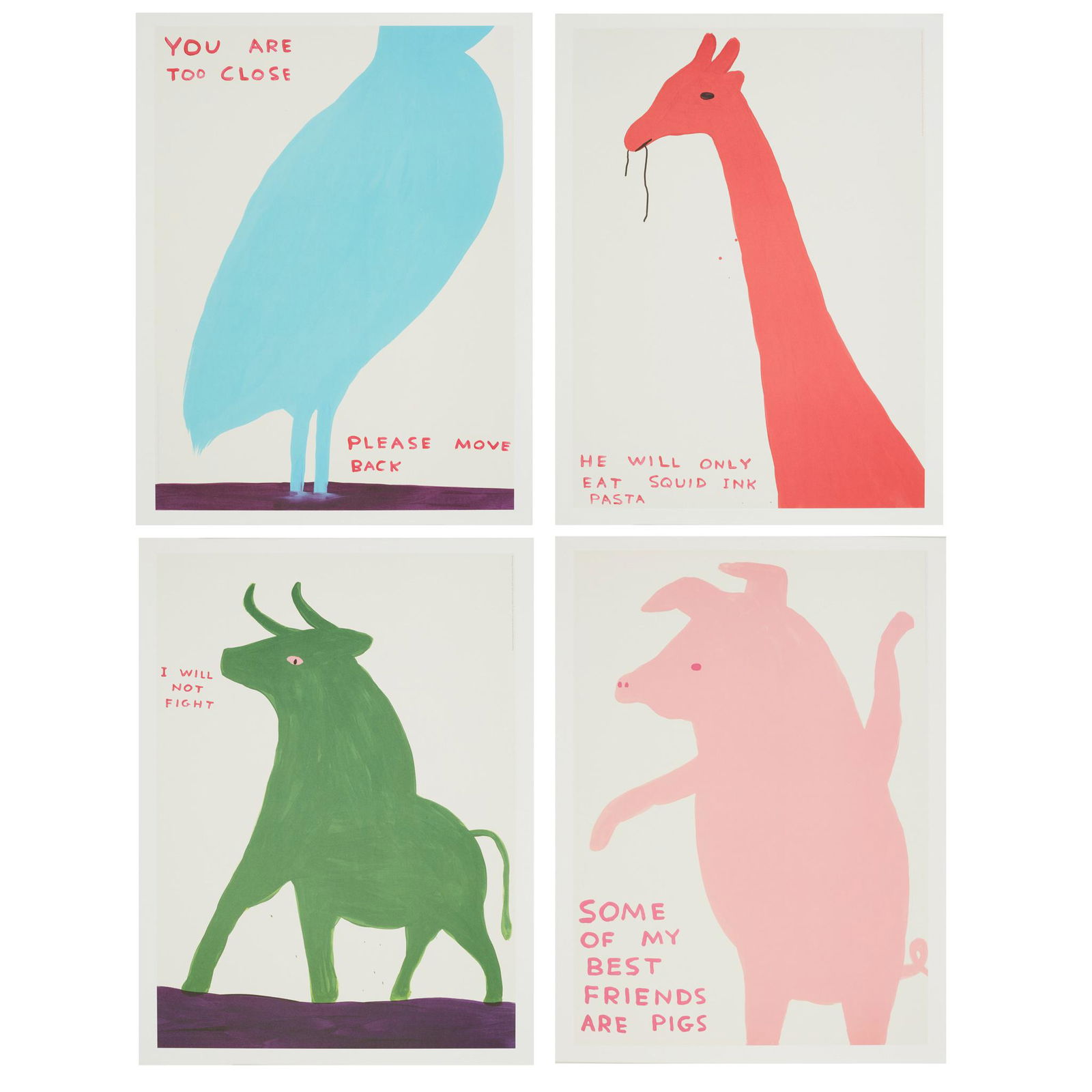 Â§ DAVID SHRIGLEY O.B.E. (BRITISH 1968-) ANIMALS SERIES (SET OF 4) - 2020: Â§ DAVID SHRIGLEY O.B.E. (BRITISH 1968-) ANIMALS SERIES (SET OF 4) - 2020 Off-set lithographic posters, printed by Narayana Press, Denmark, published by Shrig Shop, Copenhagen (each sheet 80cm x 60c