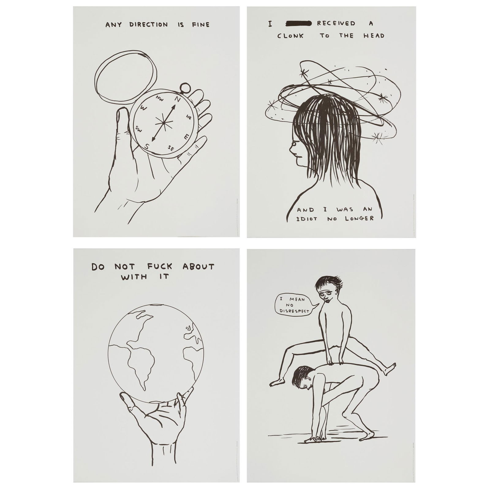 Â§ DAVID SHRIGLEY O.B.E. (BRITISH 1968-) HUMAN BEHAVIOUR (SET OF 4) - 2022: Â§ DAVID SHRIGLEY O.B.E. (BRITISH 1968-) HUMAN BEHAVIOUR (SET OF 4) - 2022 The set of four digital prints on 200g Munken Lynx paper, ed. 250, printed by Narayana Press in Denmark, published by Shrig