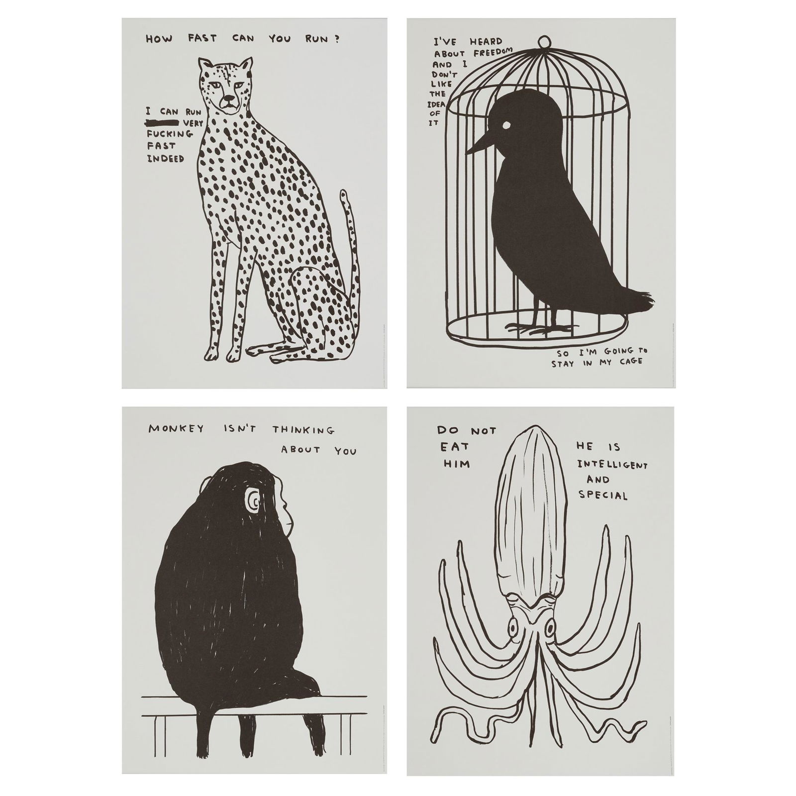 Â§ DAVID SHRIGLEY O.B.E. (BRITISH 1968-) ANIMALS & EXISTENTIALISM (SET OF 4) - 2022: Â§ DAVID SHRIGLEY O.B.E. (BRITISH 1968-) ANIMALS & EXISTENTIALISM (SET OF 4) - 2022 The set of four digital prints on 200g Munken Lynx paper, ed. 250, printed by Narayana Press in Denmark, published