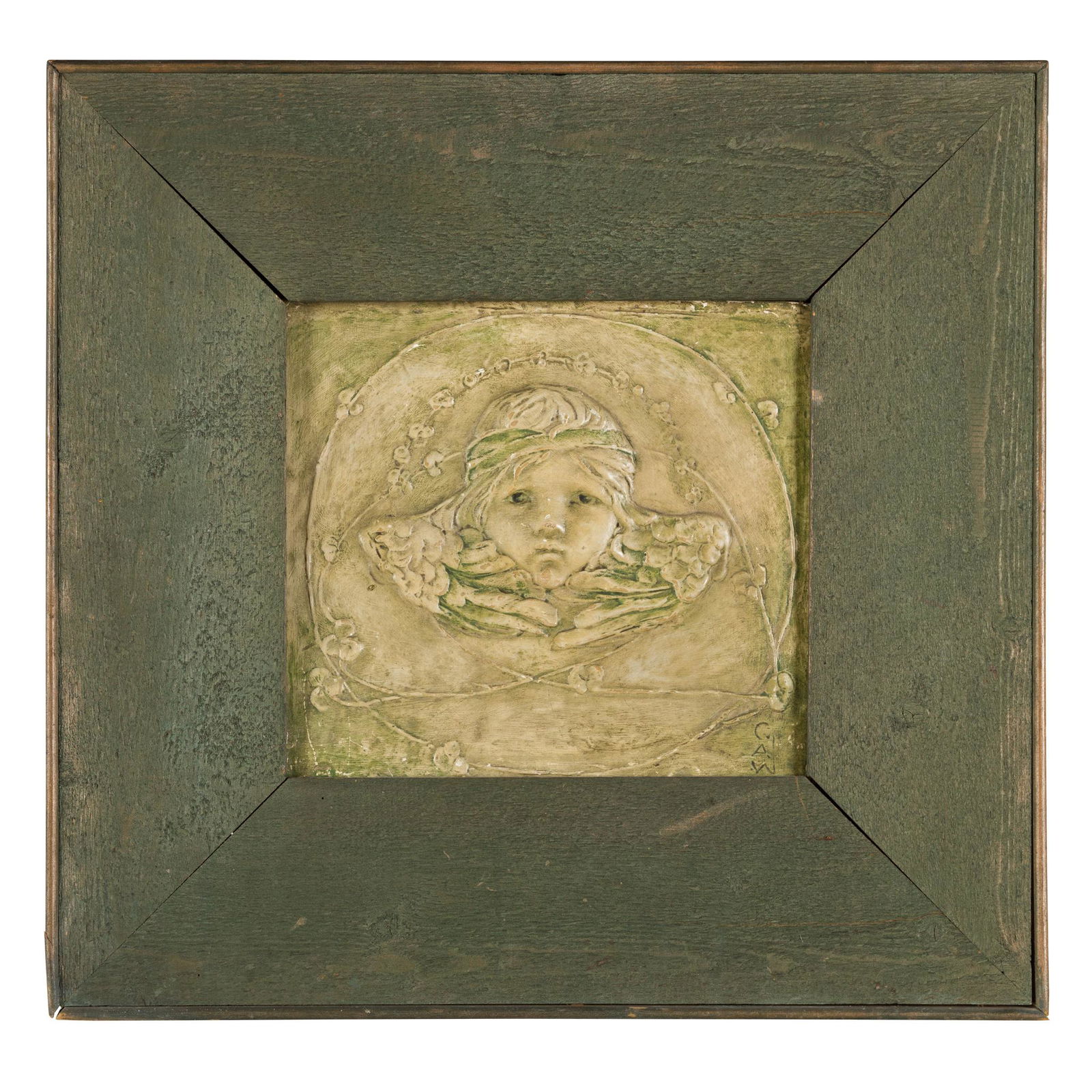GERTRUDE ALICE MEREDITH WILLIAMS (1877-1934) POSSIBLY FOR DELLA ROBBIA POTTERY, BIRKENHEAD PLAQUE OF: painted plaster, in green oak frame, initialled 'G.A.W.' lower right(plaque 29.4cm (11 1/2in) high, 32.5cm (12 3/4in) wide)Provenance: Bonhams, Knightsbridge, 4th February 1994, lot 140.Literature: Sh