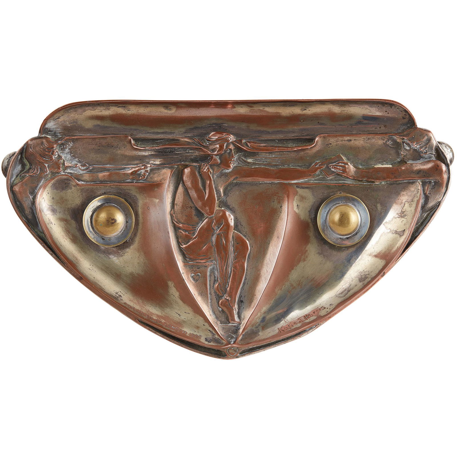 KATE HARRIS (BRITISH 1878-1949) FOR THE ART UNION OF LONDON INKSTAND, 1902: plated copper and brass, signed 'Art Union of London 1902' and 'Katie J. Harris'(19cm (7 1/2in), 33cm (13in))Literature: Pudney, S., 'Katie Harris: The Mystery Woman of English Art Nouveau', DAS Journ