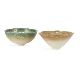 § PETER LANE (BRITISH 1932-) TWO BOWLS: glazed porcelain, each incised 'Peter Lane'(10.5cm (4 1/8in) high, 23.2cm (9 1/8in) diameter; and 10.5cm (4 1/8in) high, 23cm (9in) diameter)Qty: (2)