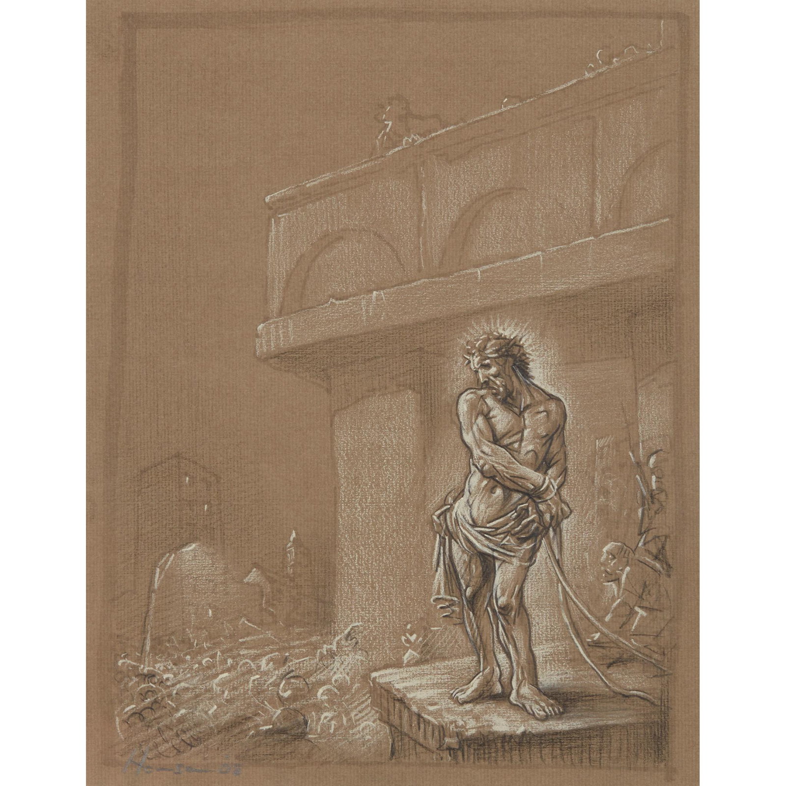 § PETER HOWSON O.B.E. (SCOTTISH 1958-) ECCE HOMO - 2008: § PETER HOWSON O.B.E. (SCOTTISH 1958-) ECCE HOMO - 2008 Signed and dated lower left, charcoal, wax crayon and wash on brown paper (28.5cm x 22cm (11.25in x 8.75in))