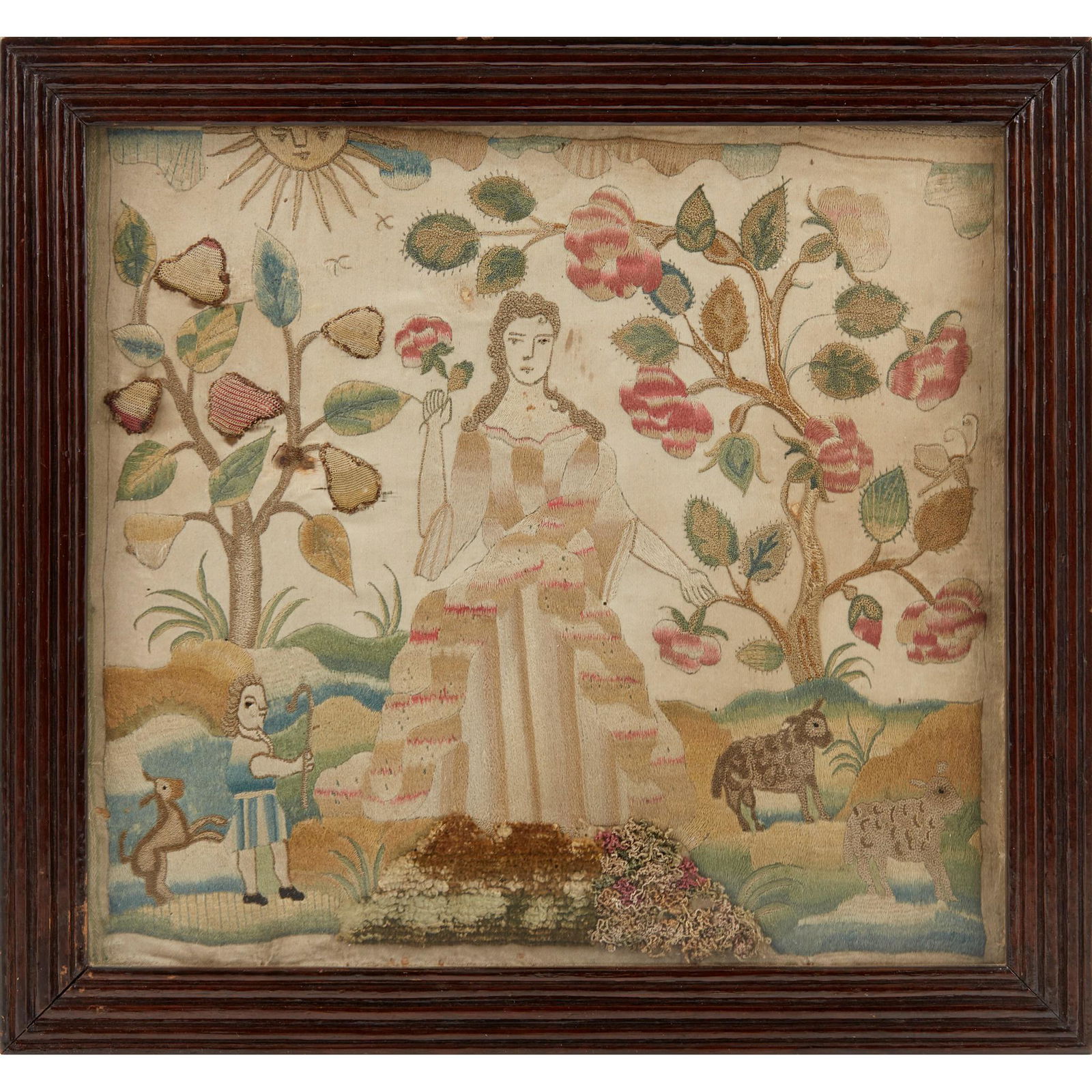 ENGLISH NEEDLEWORK SILK PANEL LATE 17TH CENTURY (1 of 2)