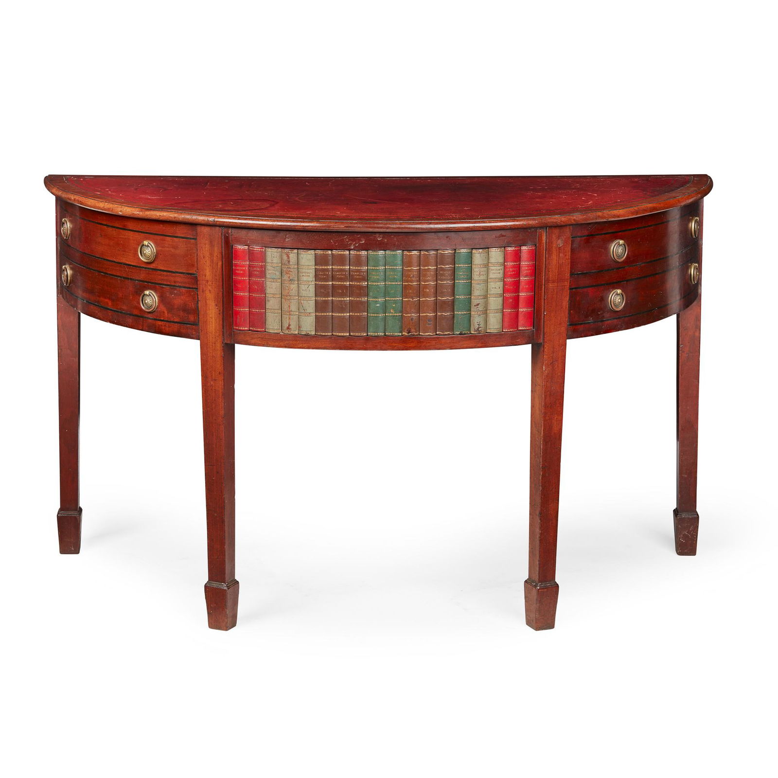 LATE GEORGE III MAHOGANY AND EBONY DEMILUNE WRITING TABLE EARLY 19TH CENTURY (1 of 2)