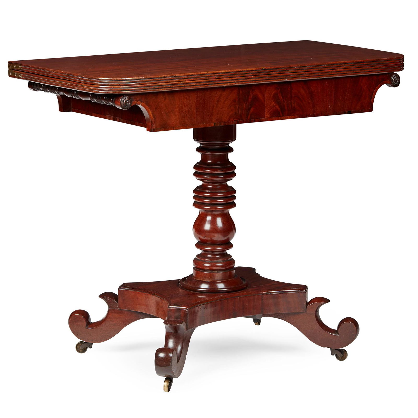 PAIR OF GEORGE IV MAHOGANY TEA TABLES EARLY 19TH CENTURY: PAIR OF GEORGE IV MAHOGANY TEA TABLES EARLY 19TH CENTURY the rounded rectangular fold-over tops with reeded fore-edges and pivot action opening, above matchbook veneered and banded friezes terminating
