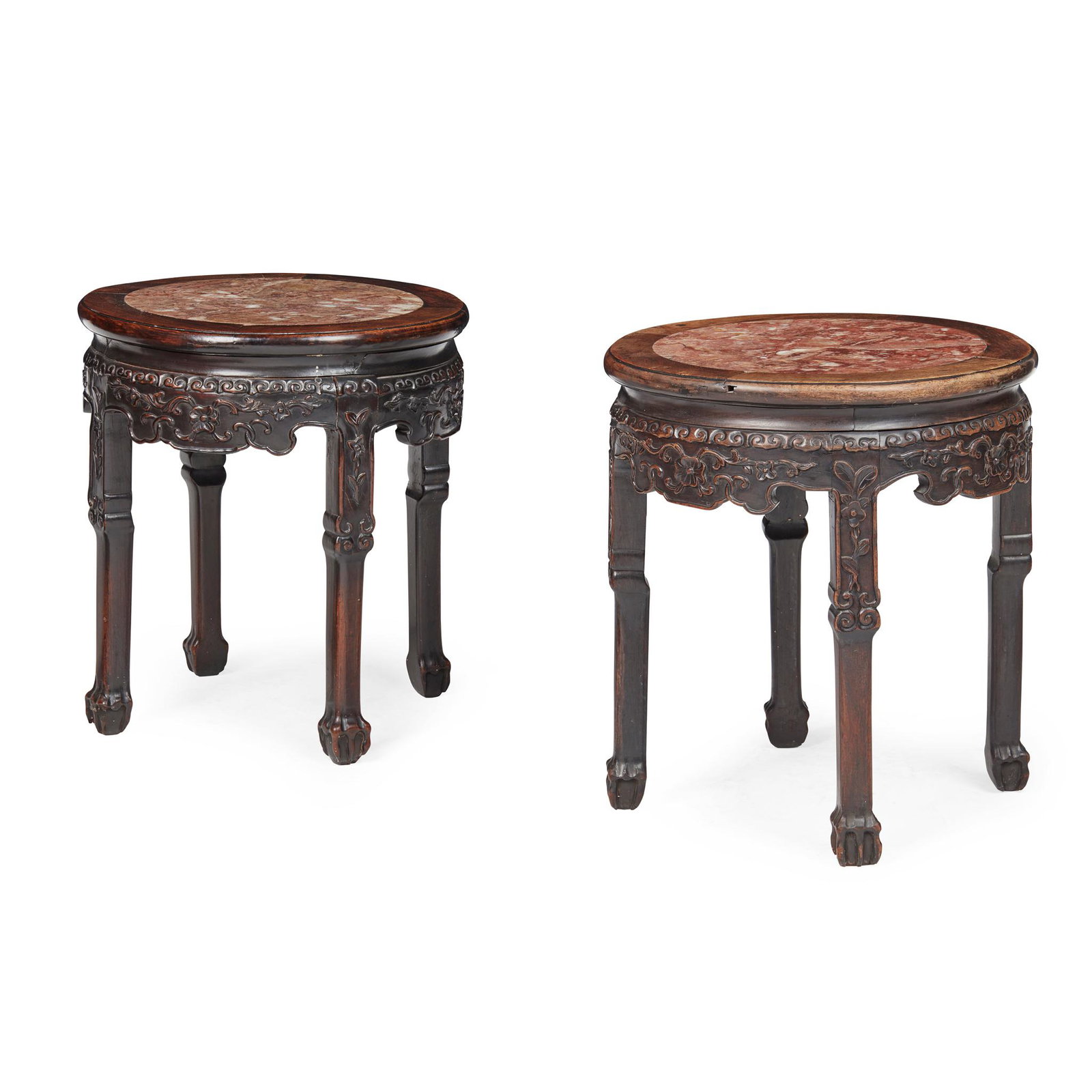 PAIR OF CHINESE HARDWOOD AND MARBLE STOOLS LATE QING DYNASTY-REPUBLIC PERIOD, 19TH-20TH CENTURY: PAIR OF CHINESE HARDWOOD AND MARBLE STOOLS LATE QING DYNASTY-REPUBLIC PERIOD, 19TH-20TH CENTURY 清末民初 硬木嵌大理石四足凳