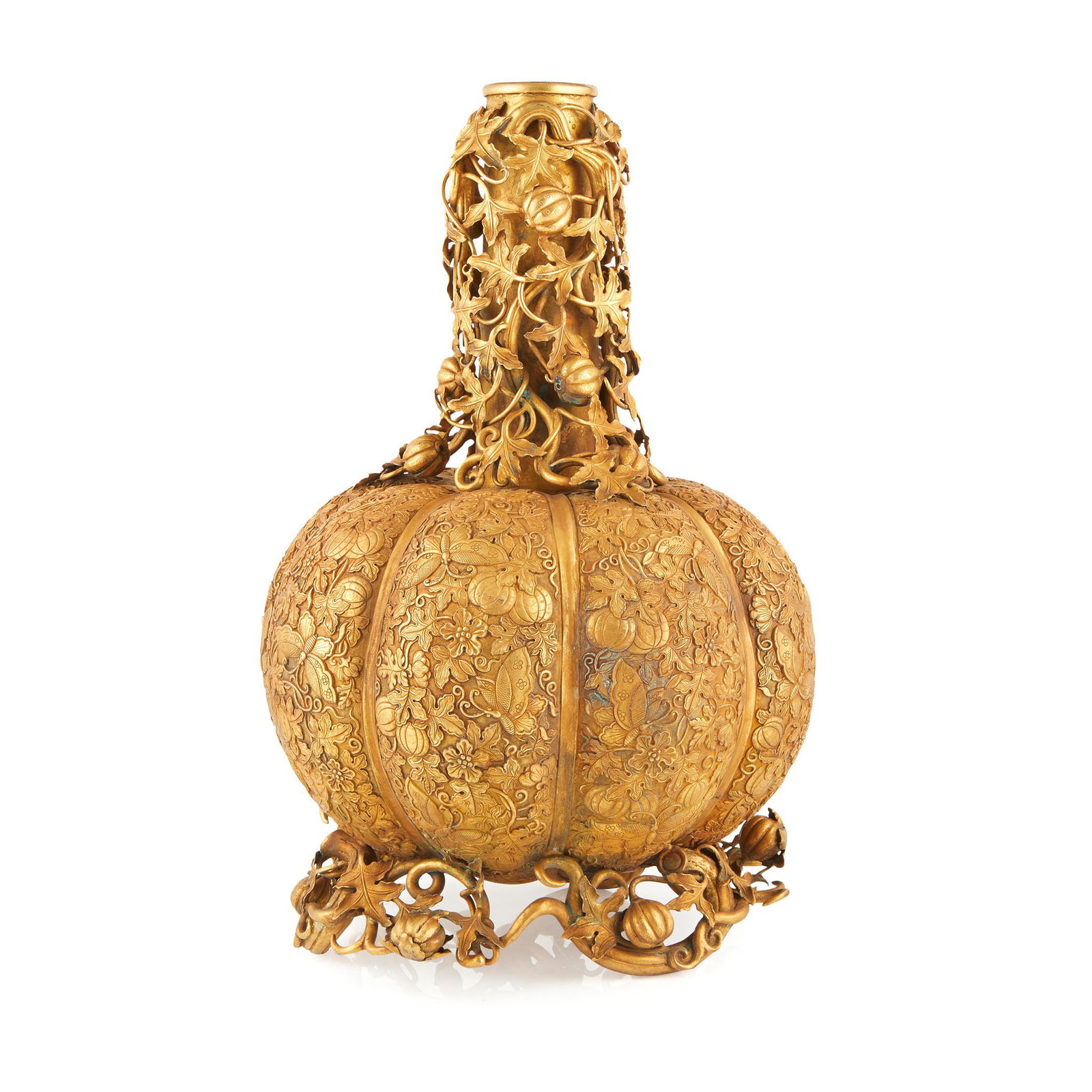LARGE GILT-BRONZE BOTTLE VASE QIANLONG MARK BUT LATER (1 of 3)