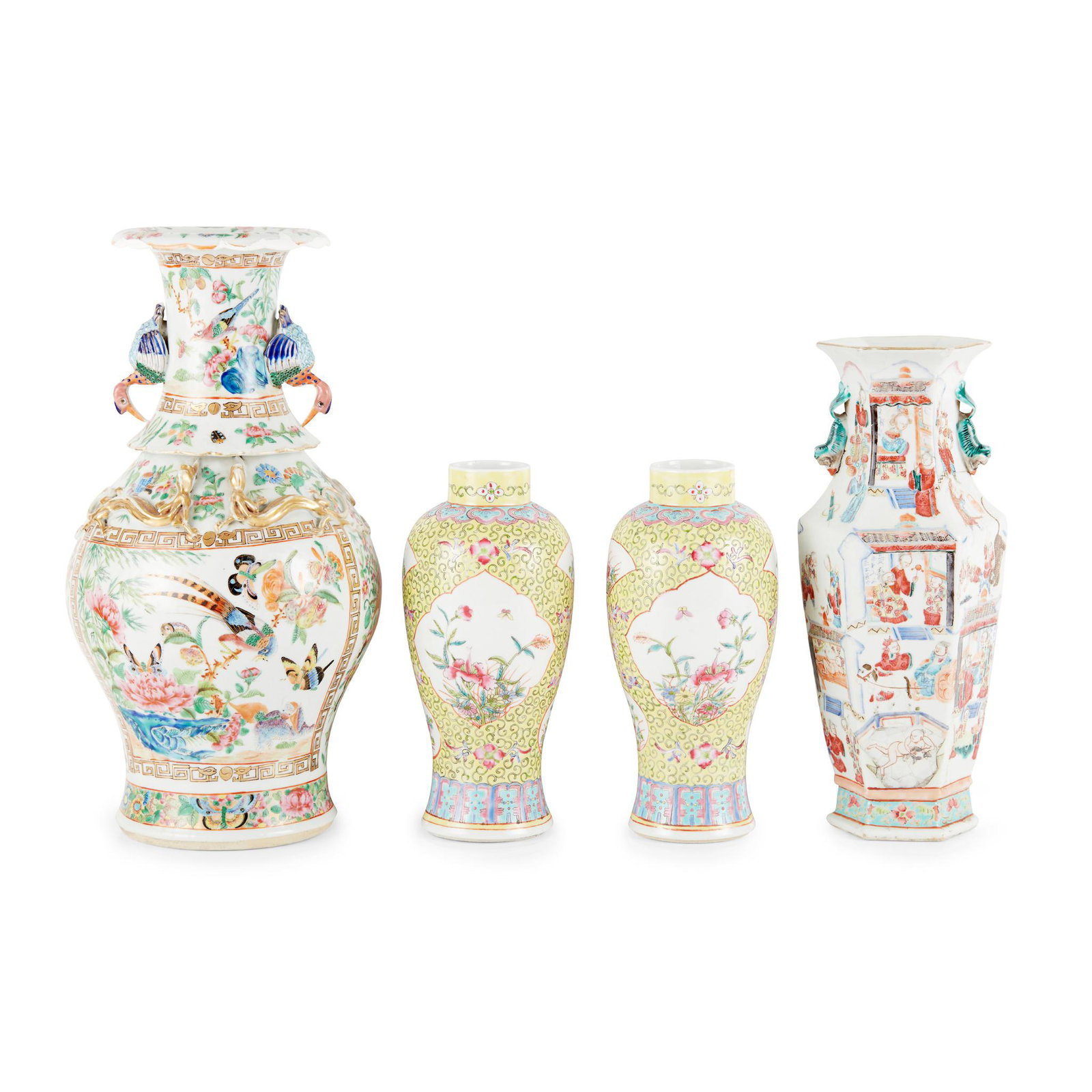 GROUP OF FOUR FAMILLE ROSE VASES QING DYNASTY, 19TH CENTURY: GROUP OF FOUR FAMILLE ROSE VASES QING DYNASTY, 19TH CENTURY 清 廣彩花蝶雉鷄紋鶴耳瓶、粉彩人物紋
