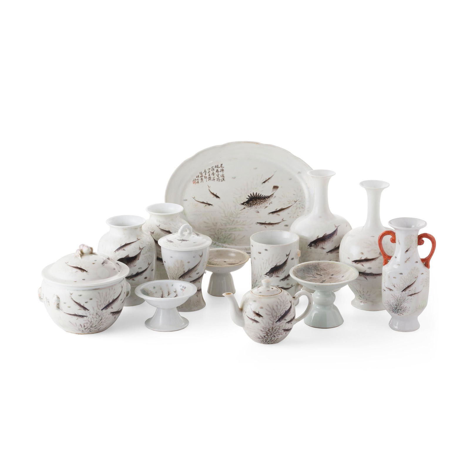 GROUP OF THIRTEEN FAMILLE ROSE 'FISH' WARES 20TH CENTURY, DENG BISHAN MARK (1 of 3)