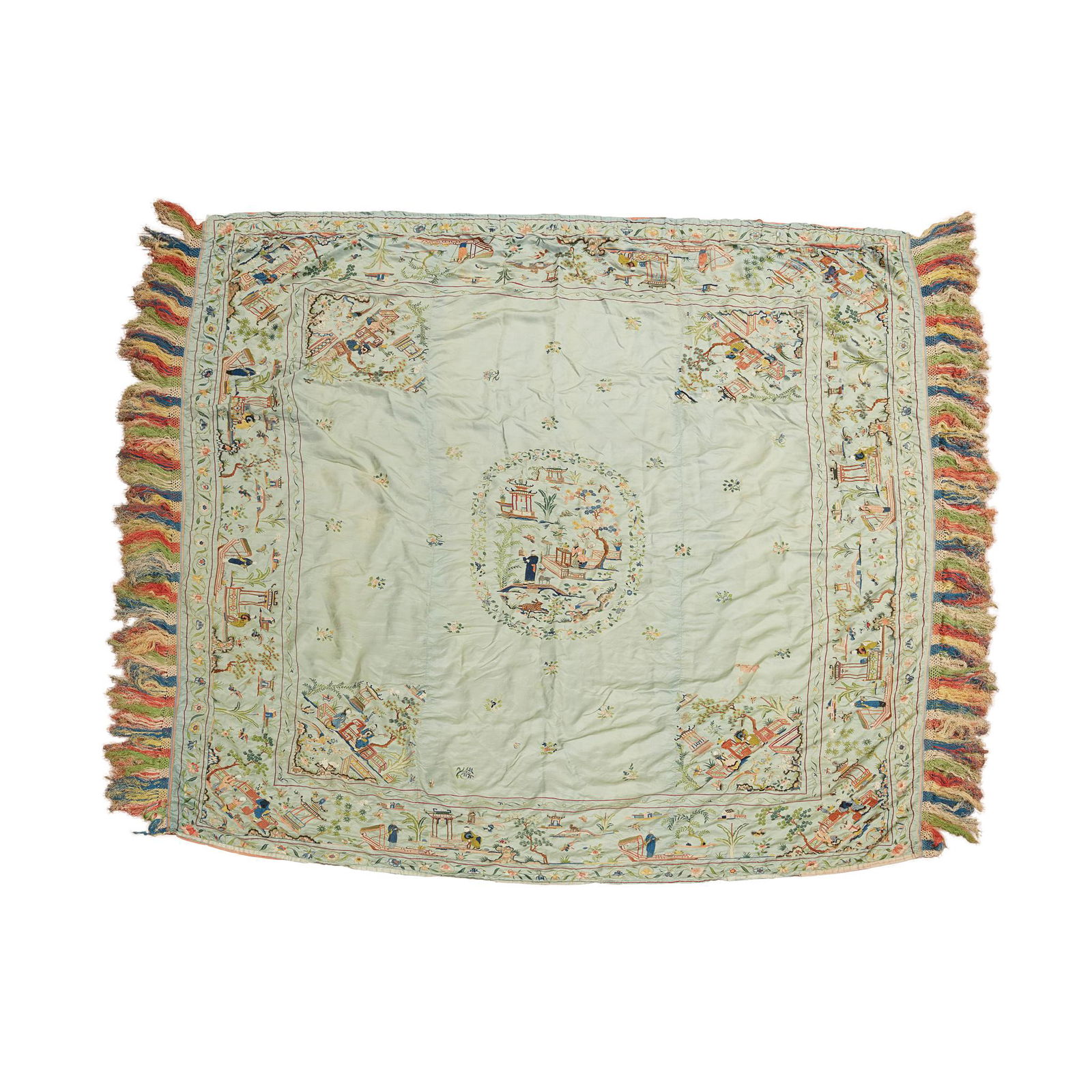 [A PRIVATE SCOTTISH COLLECTION] LARGE MINT-GROUND SILK EMBROIDERED BEDSPREAD LATE QING TO REPUBLIC (1 of 2)